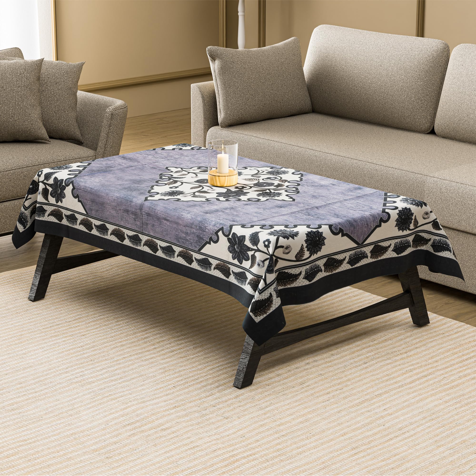 Kuber Industries 40x60 Inch Cotton 4 Seater Table Cover Cloth | Centre Table Cover/Sheet for Party and Events | 753 Triangle Border Flower Digital Print - Grey