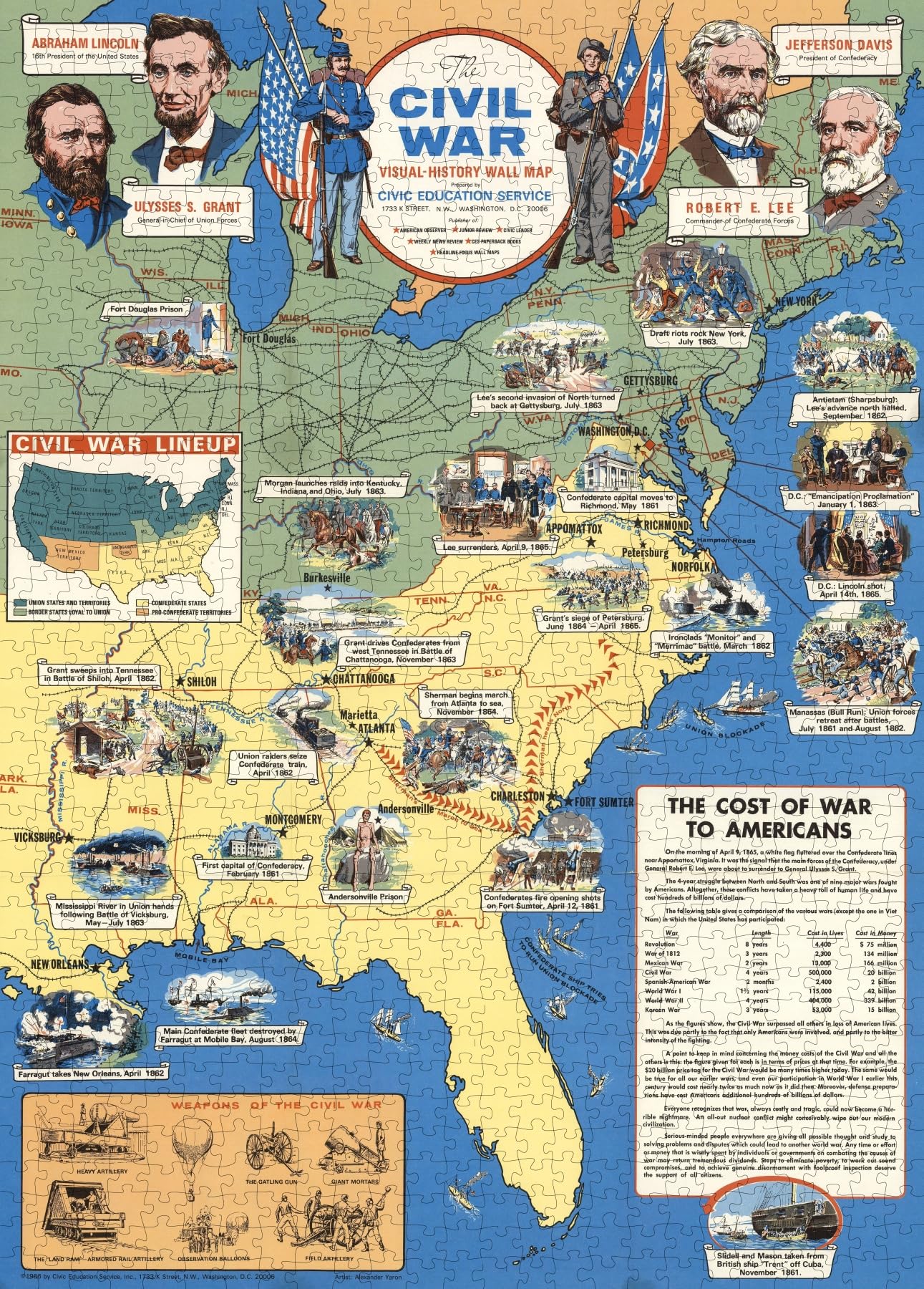 1966 Civil War Puzzle | Civic Education Service | Unique Gift | Jigsaw Games | Abraham Lincoln, Ulysses S. Grant, Jefferson Davis, Robert E. Lee | United States