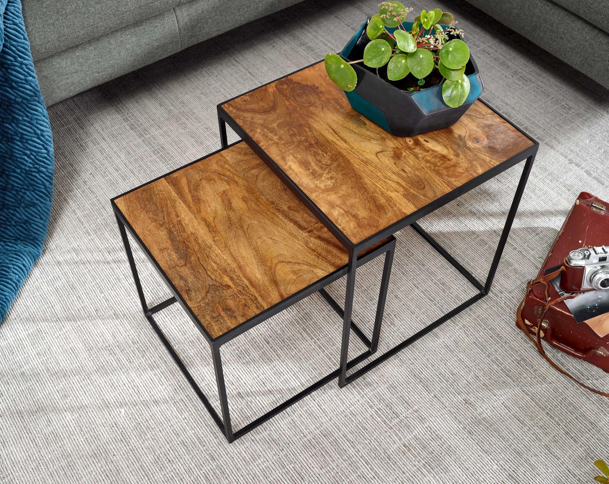 FineBuy Wohnzimmertisch 2er Set Mango Massivholz/Metall Beistelltisch Eckig, Design Beistelltisch Industrial, Sofatisch Couchtisch Quadratisch, Tischset 2-teilig Satztisch Braun