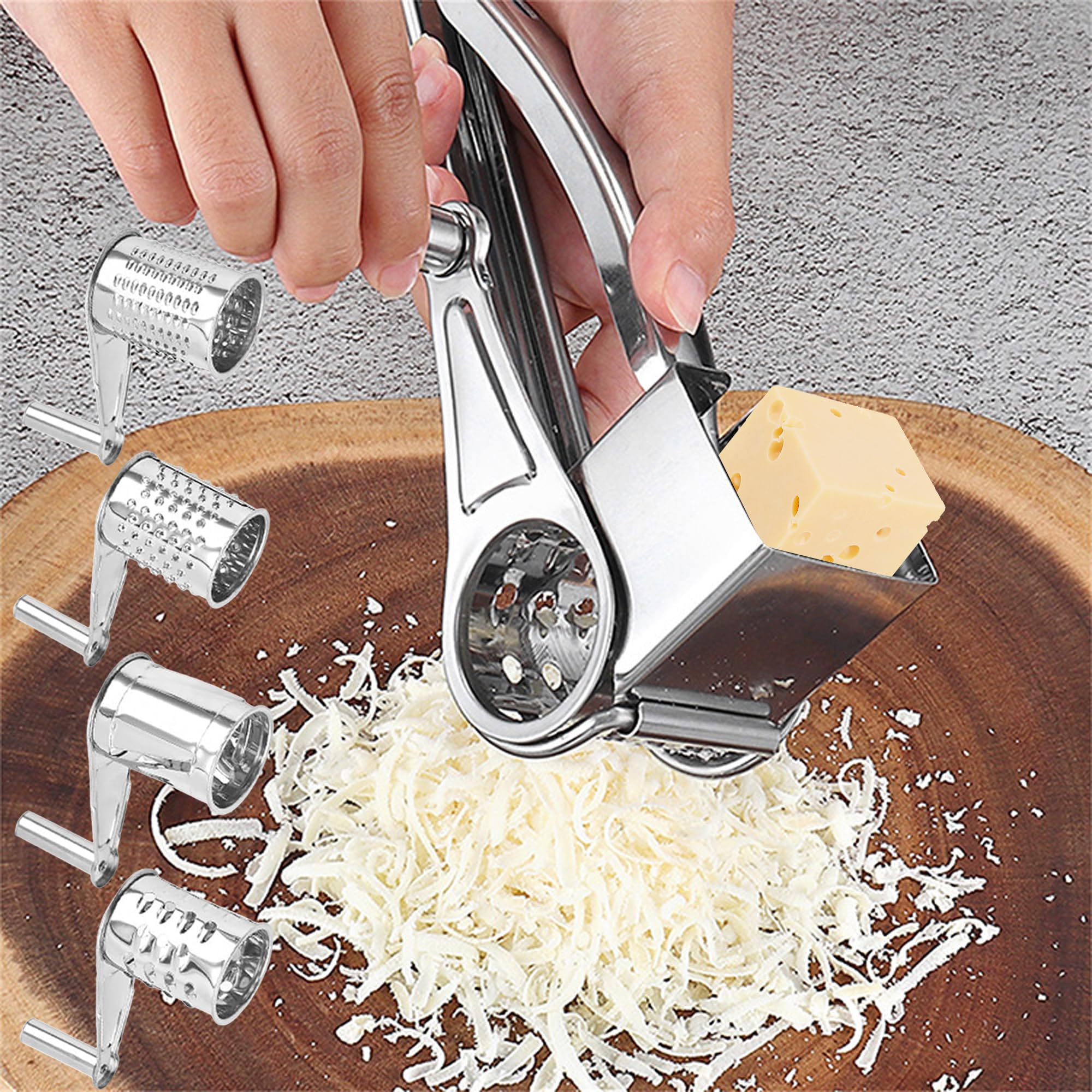 SUQ 4 in 1 Grattugia Formaggio, Grattugia Rotativa Portatile con Manico per Cucina con 3 Lame Sostituibili in Acciaio Inox, Grattugia Rotativa Manuale per Formaggio, Affettatrice per Verdure