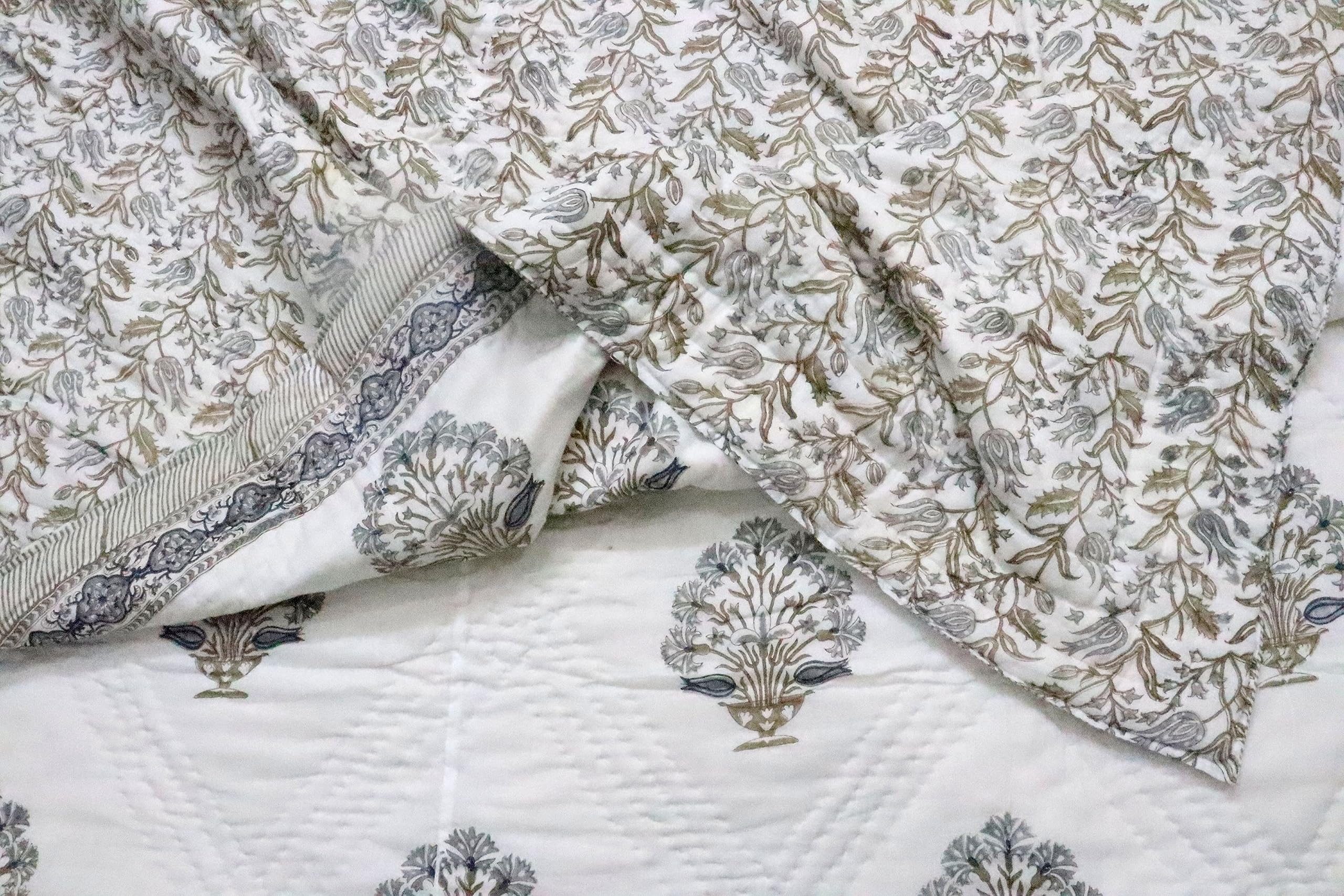 Jaipuri Razai Hand Block Print Grey Quilt Indian Reversible Quilt, Handmade Cotton Quilt, Cotton Jaipuri Rajai Queen Size Kantha Coverlet, Jaipuri Printed Quilt (Queen)