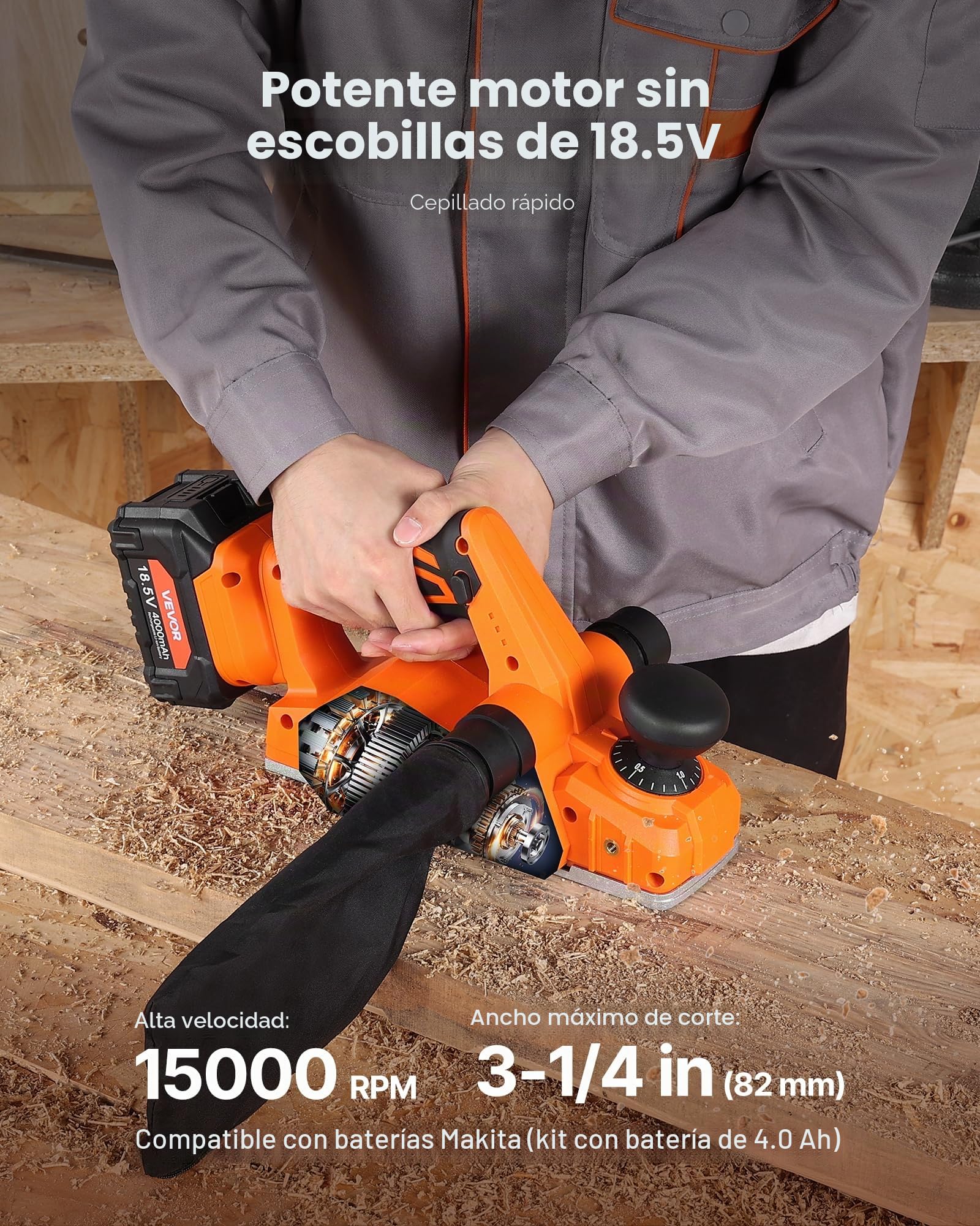 VEVOR Cepilladora Inalámbrica para Madera, Ancho de Corte 82 mm, 15 000 RPM, con Batería de Litio 4,0 Ah y 18 V, Motor sin Escobillas, Profundidad de Corte Ajustable y Bolsa de Recogida de Polvo