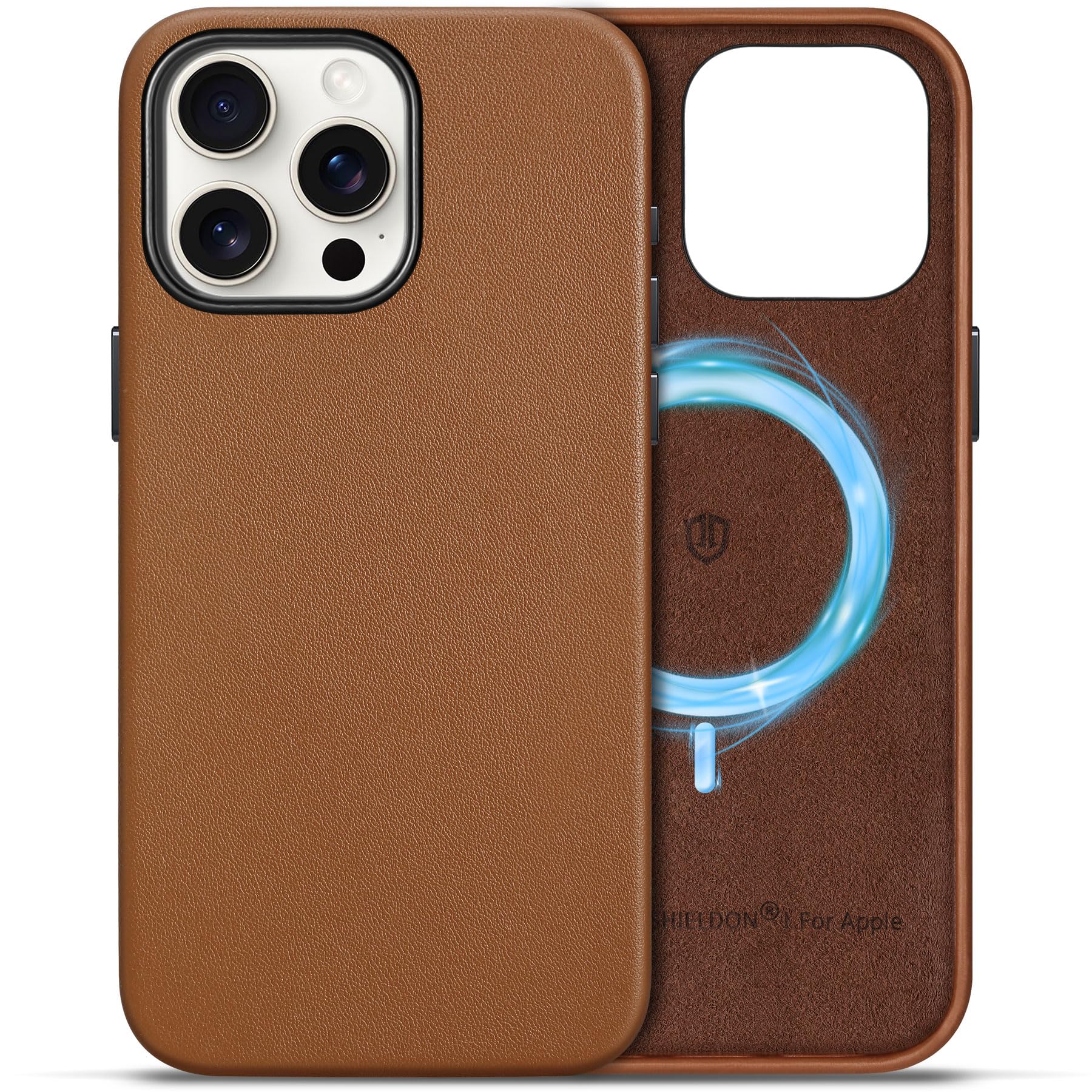 Coque iPhone 15 Pro Max cuir véritable marron selle étui luxe