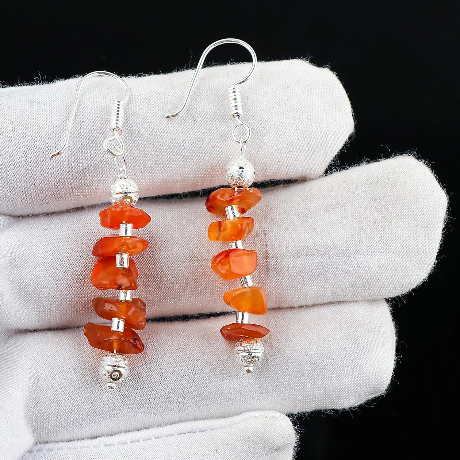 Natural Carnelian Gemstone Dangle Earrings, Handmade Beaded Drop Earrings, Healing Crystals, Bohemian Silver Jewelry Gift for Women (Approx. 1.25inch) - Image 5