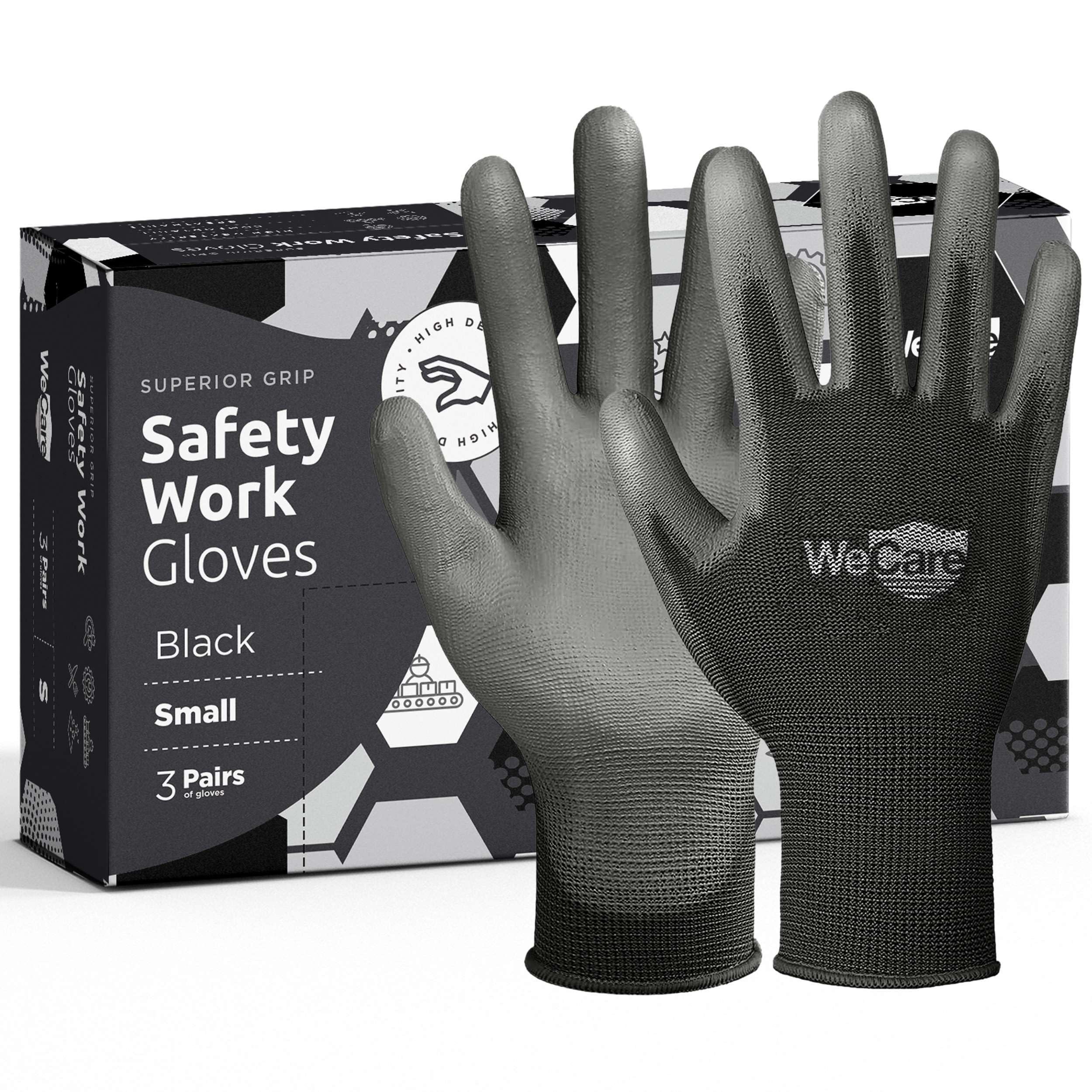 WECARE Black Small Working Gloves with PU Coating - 3 Pairs of Safety Work Gloves - Good for Construction, Roofing, Landscaping, Warehouse, Carpenter, Electric Work