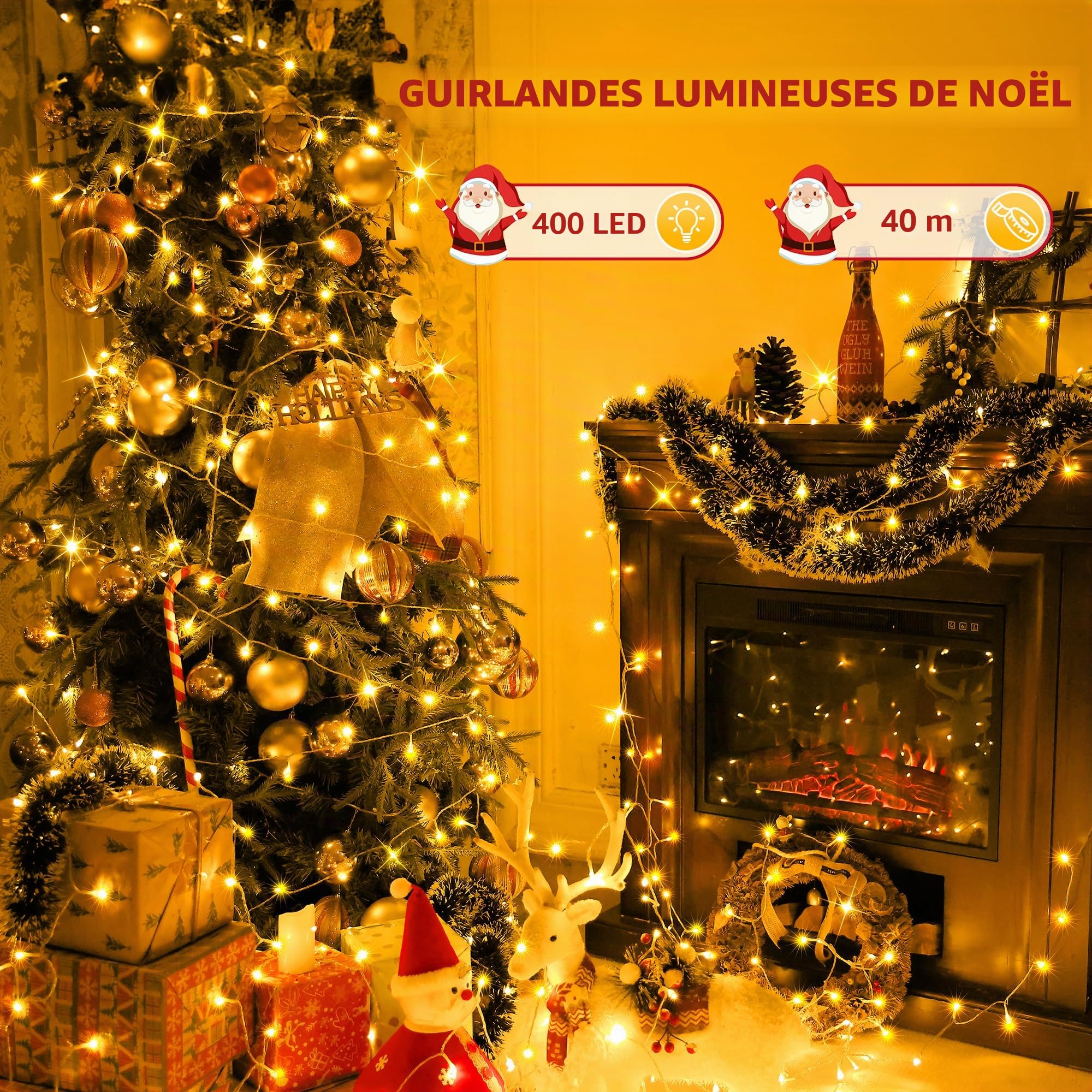 Auriostar Guirlande Lumineuse Exterieure, 40m 400LEDs Guirlande Lumineuse Noel Intérieur et Extérieur étanche IP44, 8 Modes avec Télécommande pour Noël, Chambre, Décoration Sapin de Noel