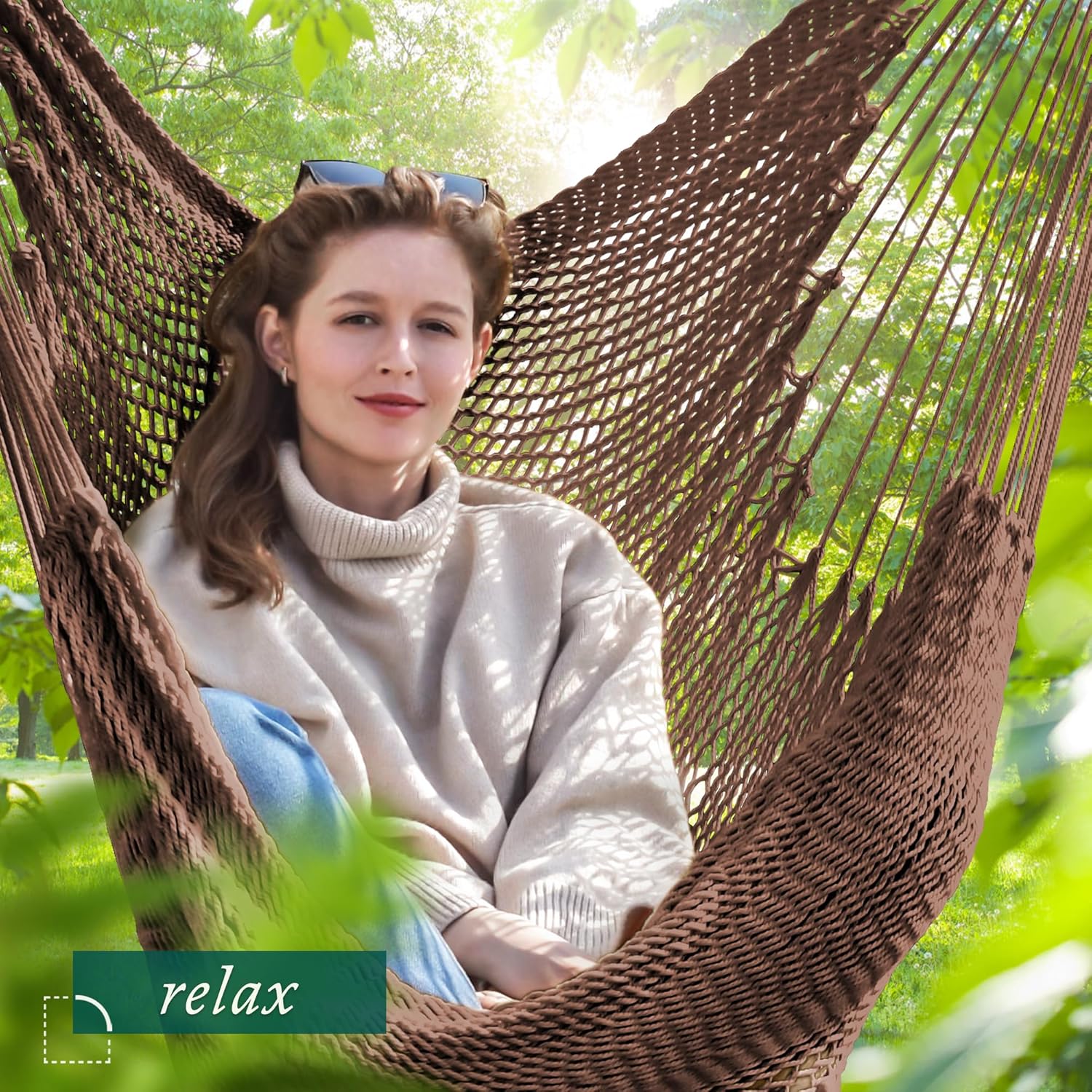 Caribbean Hammock Swing Chair with Spreader Bar, Large Hammock Chair, Hand Craft Rope Hanging Chair Outdoor, Indoor, Bedroom, 330 LBS Weight Capacity, Dark Brown