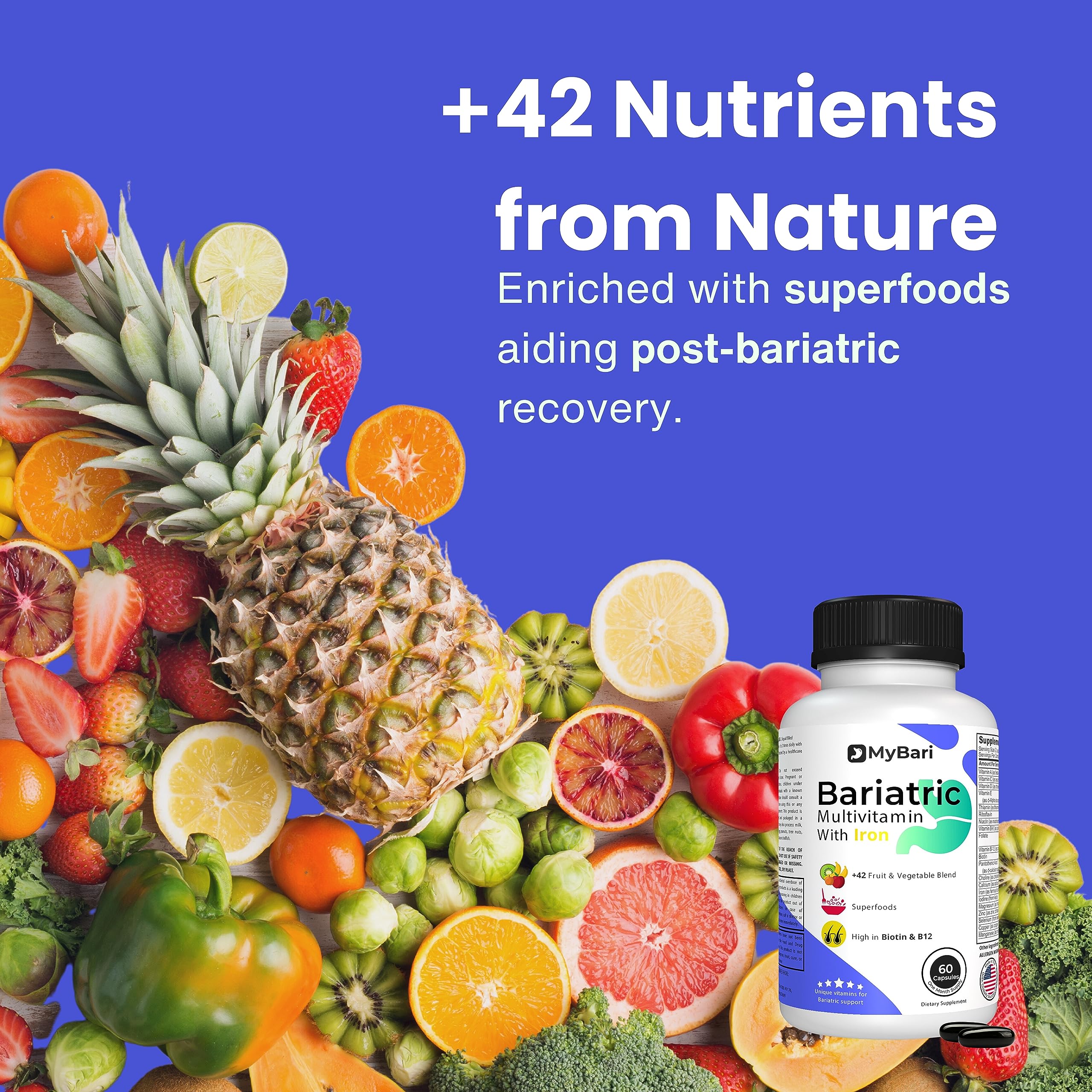 All-in-One Bariatric Multivitamin with Iron - Made in USA - for Men & Women - Supports Gastric Sleeve & Bypass with 42+ Fruit & Veggie Blend - 60 Liquid Capsules — Amazon image 4
