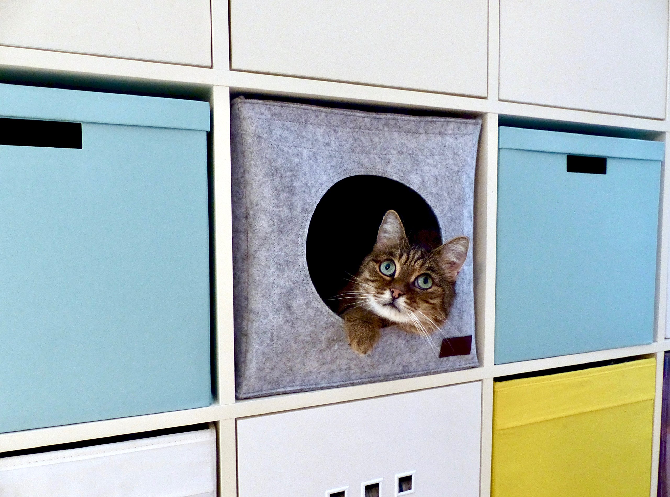 Cat Cave for IKEA and WALMART shelf units, hand-sewn premium natural quality felt material, self-warming, pillow included, modern & stylish design, also for big cats, Cat Bed clearance prime