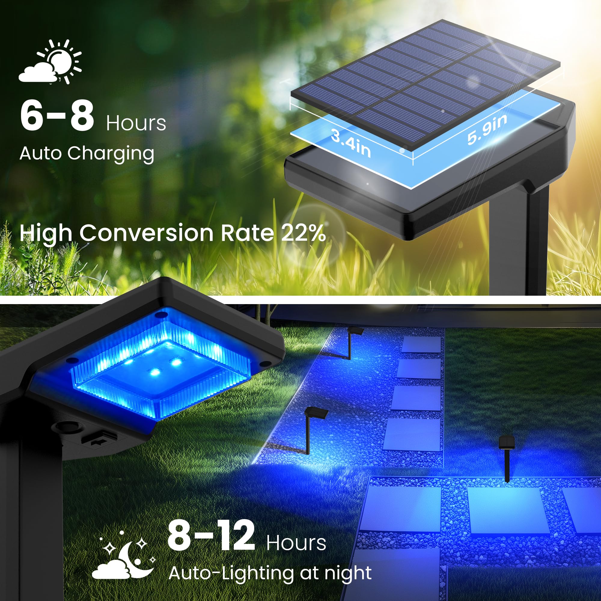 AUDERWIN Lot de 6 lampes solaires d'extérieur à changement de couleur intelligent avec modes 9 en 1 (blanc chaud/blanc froid/RVBC), éclairage paysager lumineux étanche pour allée, jardin, allée, cour