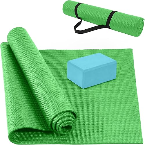 Signature Fitness - Tapete de yoga multiusos de 0.25 pulgadas de grosor, alta densidad, sin desgarros, con correa y características ligeras para uso