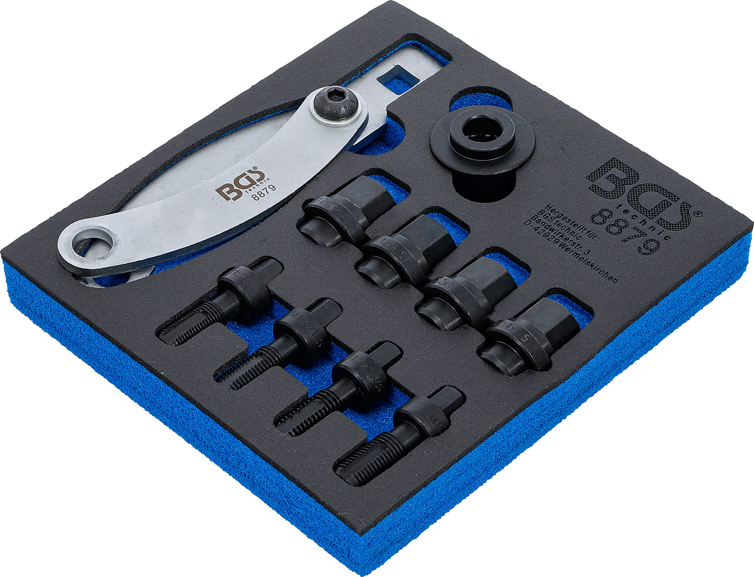 BGS 8879 | Werkstattwageneinlage 1/6 | Radbolzen-Montage-Satz | M12 x 1,25/1,5/1,75 | M14 x 1,5 | 7/16" x 20 UNF, 1/2" x 20 UNF | Gegenhalter, Zugmuttern, Nachschneider