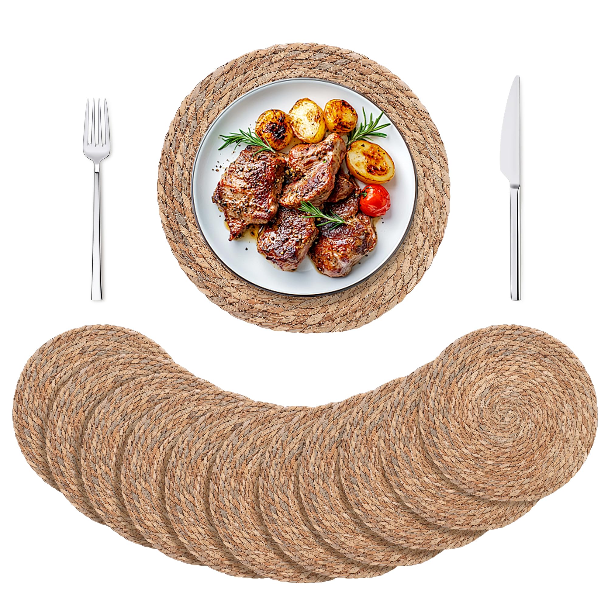 12PCS Sets de Table Ronds Tressés, 30cm Napperon Style Boho Antidérapant | Sets de Table Résistant à la Chaleur, Sous-Verres Tissé, Tapis de Table de Cuisine et Comptoir, Repas en Famille, Vacances