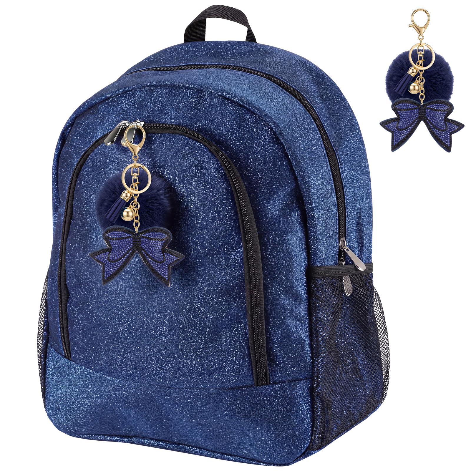 Cheer Backpack Bags with Bow Keychain,Glitter,Navy Blue,Large