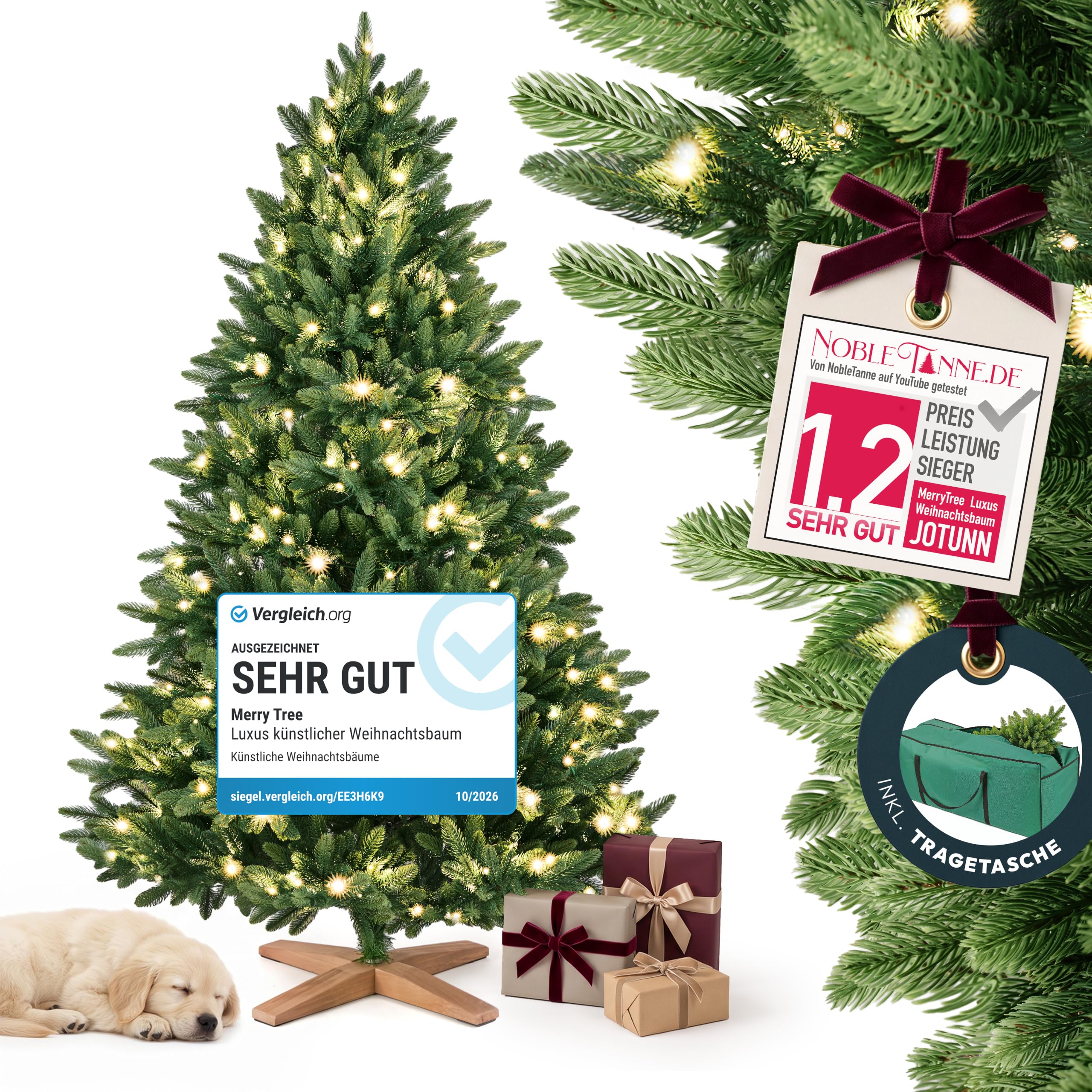 Merry Tree Luxus künstlicher Weihnachtsbaum  150 cm mit LED-Beleuchtung | Weihnachtsbaum mit Beleuchtung LED - Tannenbaum Spritzguss PE-Nadeln mit Holzfuß - Tannenbaum künstlich mit Beleuchtung