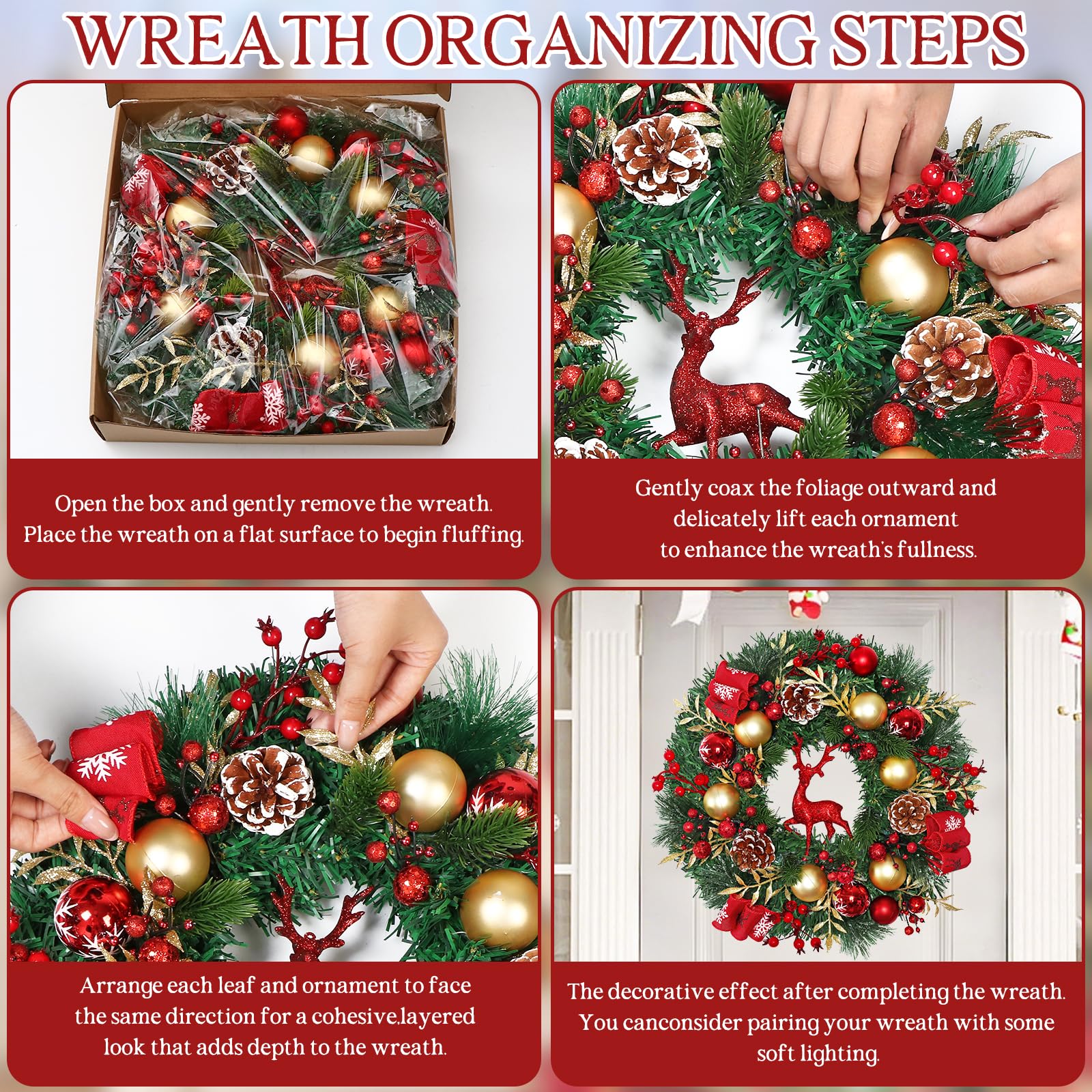 Dremisland Rot Rentier Weihnachtskranz für Haustür 44cm Künstliche Tannenkranz Adventskranz Türkranz Weihnachten Außen Ball Türschmuck Beerenhaufen Grün Weihnachtsdeko Innen Außen Wand Wohnkultur