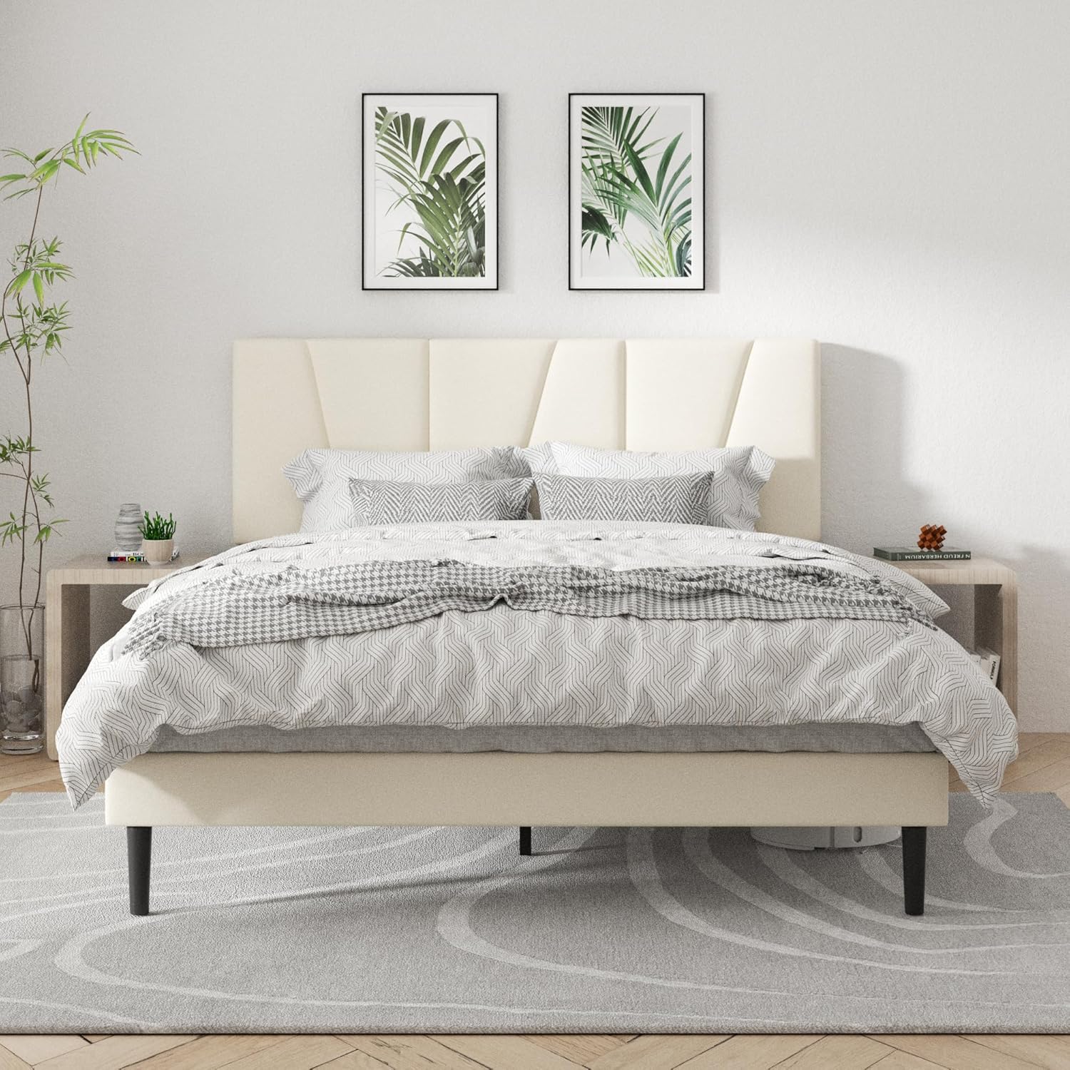 Queen Size Platform Bed Frame with Geometric Upholstered Headboard, Noise Free, Wooden Slats Support, No Box Spring Needed, Easy Assembly, Beige, Velvet Beige Queen