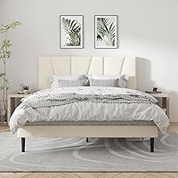 CXVX Queen Platform Bed Frame with Geometric Velvet Upholstered Headboard, Noise-Free, 1000 lbs Support, No Box Spring, Easy Assembly, Beige