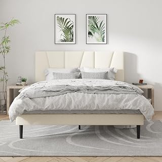CXVX Queen Platform Bed Frame with Geometric Velvet Upholstered Headboard, Noise-Free, 1000 lbs Support, No Box Spring, Easy Assembly, Beige