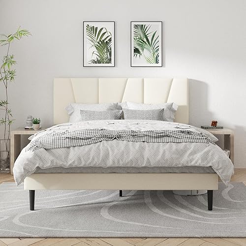Miniatura 8 de Base de cama de plataforma tamaño King con cabecera tapizada geométrica, sin ruido, soporte de listones de madera, no necesita somier, fácil Gris