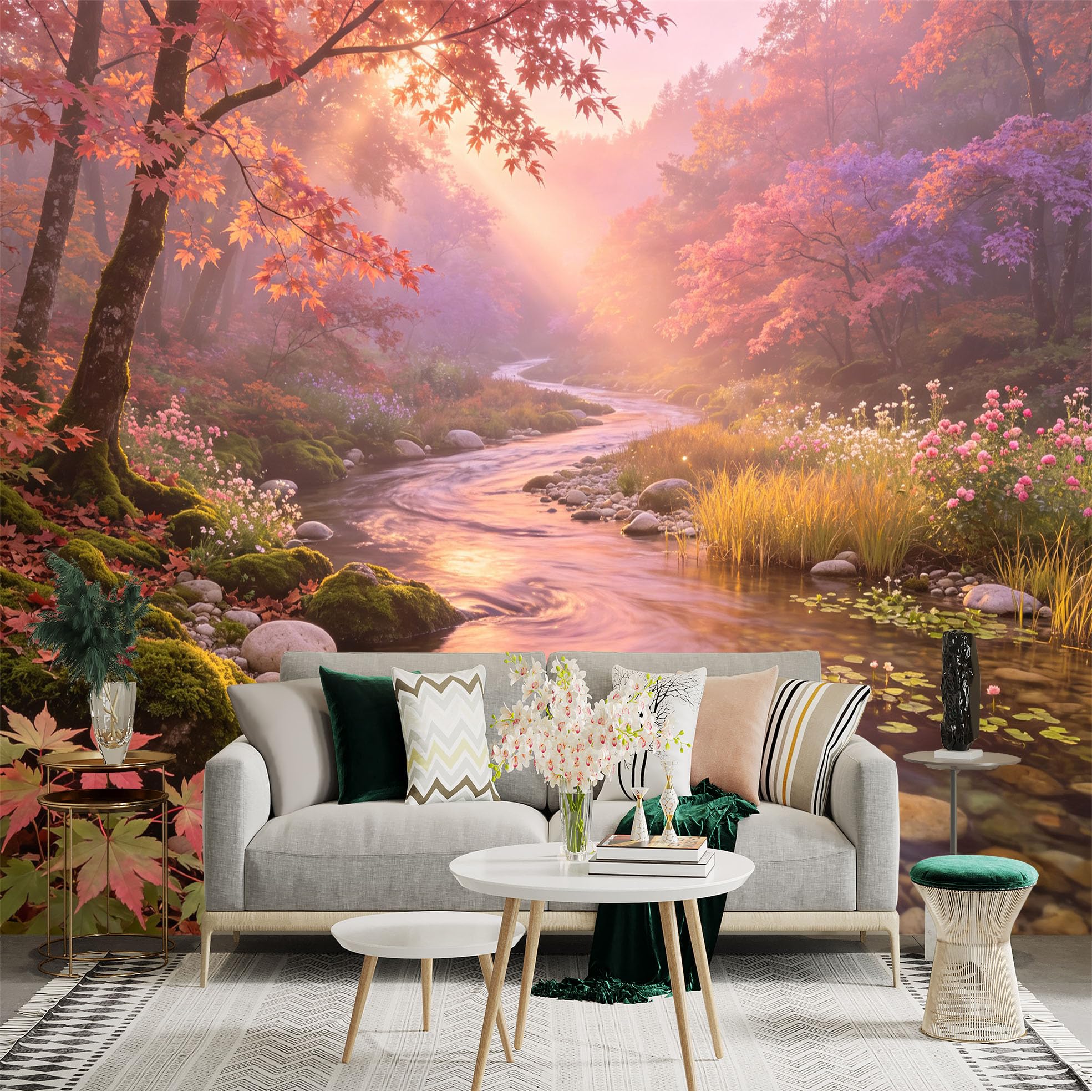 Lnzczhyre Bh260719680 Custom Size Wall Sticker Mural， Enchanting Autumn Forest， Serene River Landscape， Vibrant Maple Trees， Sunlit Woodland Scene， For Wall Decoration， Peelandstick Wall Decals.