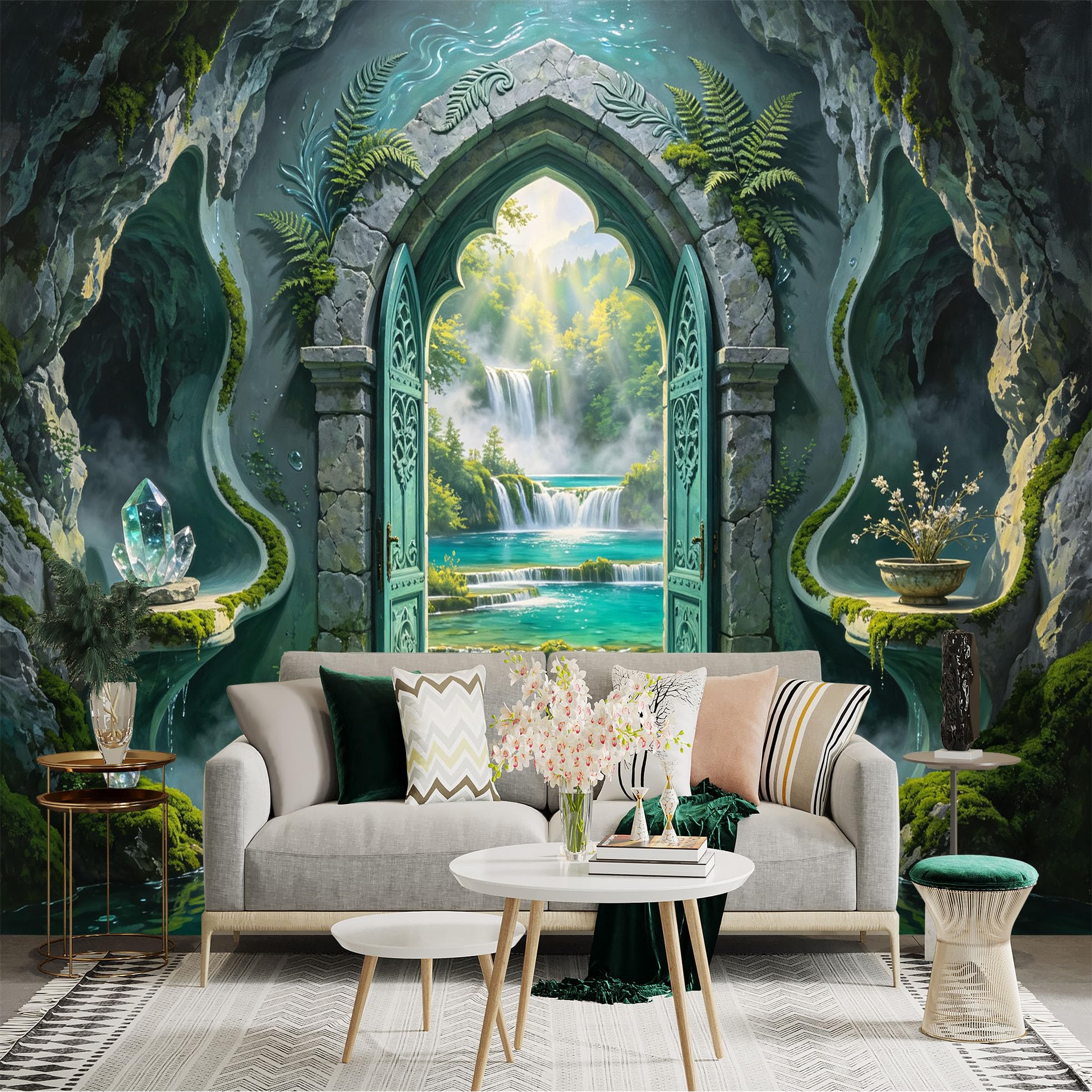 Custom Size Wall Sticker Mural， Mystic Cave Waterfall， Crystal Lagoon and Stone Archway， for wall Decoration， peelandstick wall Decals.