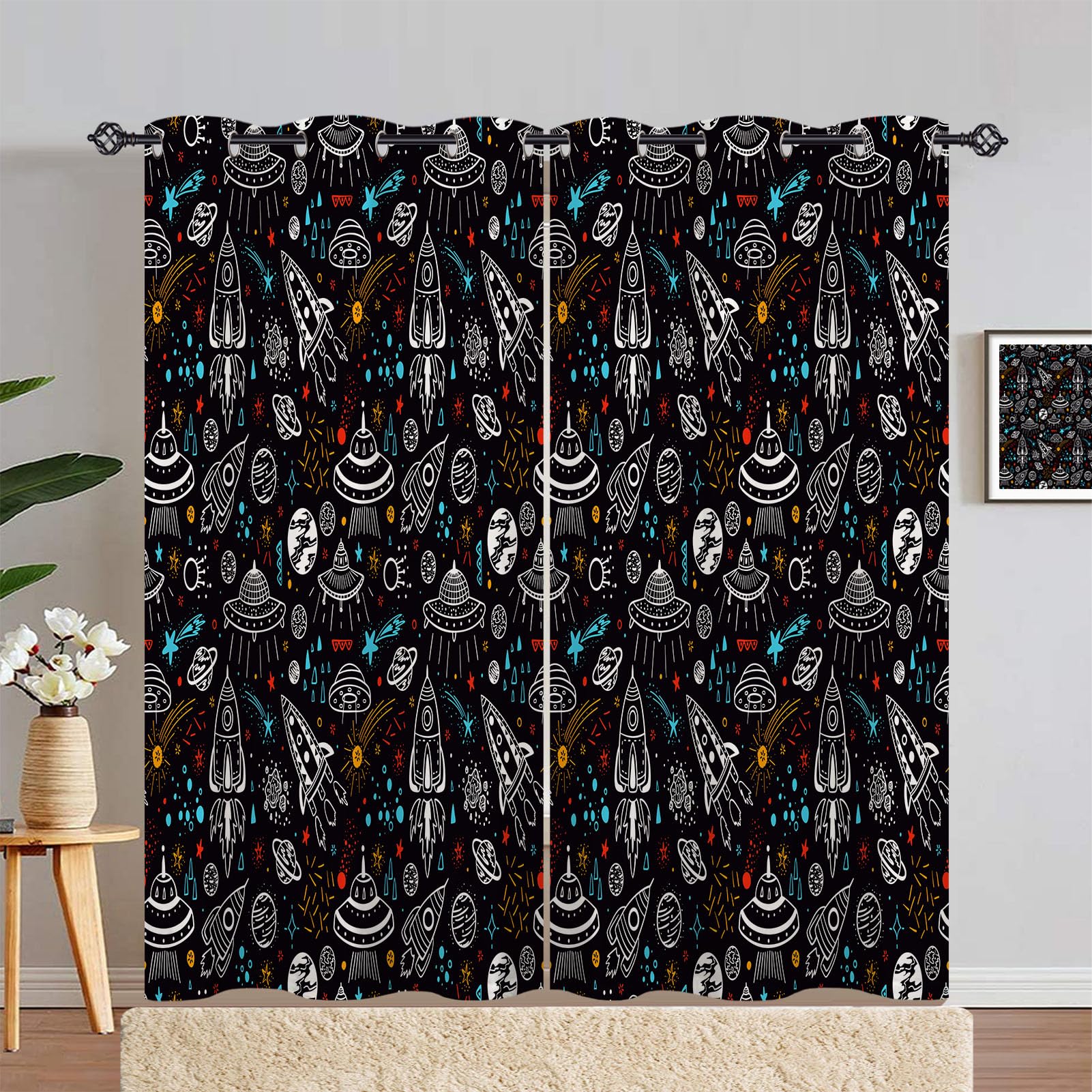 ANHOPE Space Curtains Eyelet Blackout Thermal Insulated Curtains Rocket Planet UFO Stars Print Pattern Soft Soundproof Privacy Window Drapes for Kids Bedroom Living Room 46 x 90 Inch Drop 2 Panels โ image 1