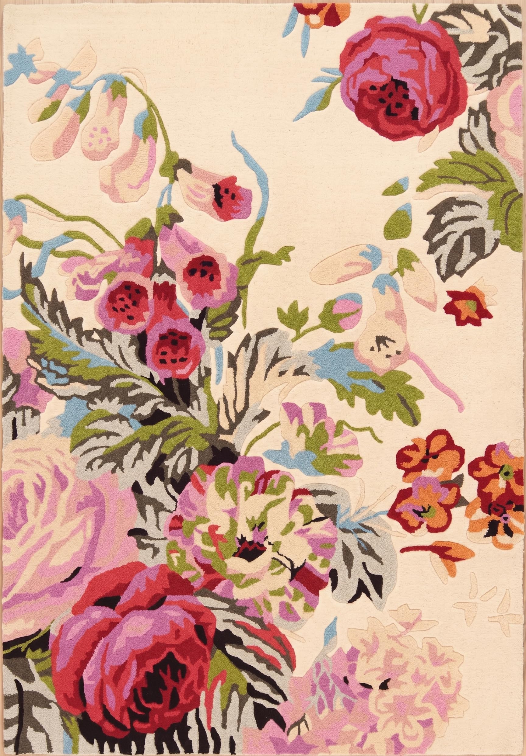 Modern Rose Floral Wool Area Rug | Handmade Area Rug with Garden Colorful Flowers for Living Room Dining Room and Kitchen (Ivory, 6x8 ft)