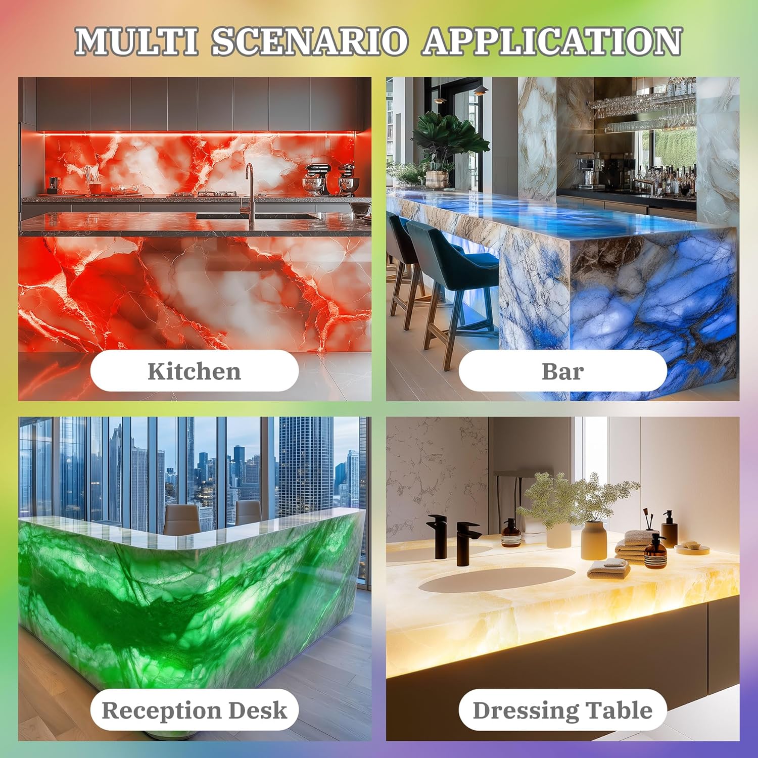 Lichaser 4 Pack LED Backlight Sheet RGB 24V 45W, Dimmable LED Panel Sheet Compatible with Alexa, Flexible Backlit Light Remote & APP Control, 19.7X9.7 Inch for Marble, Onyx, Quartz Countertop