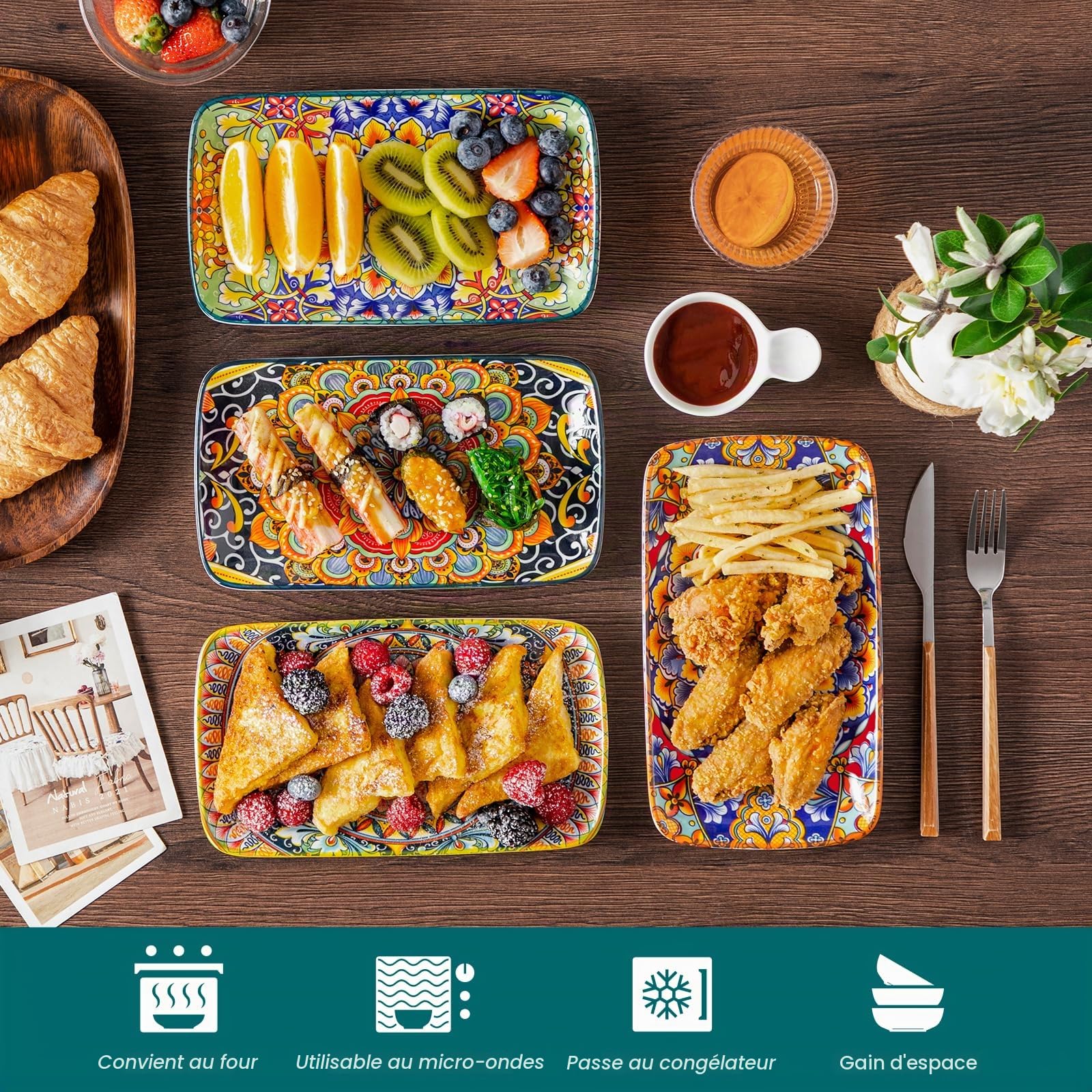 vancasso SIMI Lot de 6 Assiettes Rectangulaires en Porcelaine - 24,7 x 14,2 cm Assiettes Plates pour Entrées, Sushis, Salades et Desserts, Adaptés au Lave-vaisselle et au Micro-ondes, Style Bohème