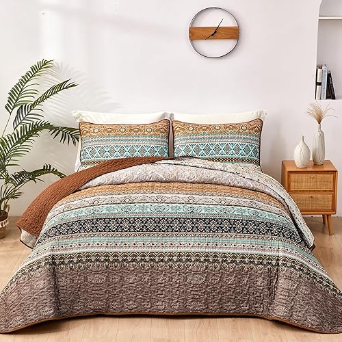 WONGS BEDDING Juego de edredón bohemio de otoño tamaño Queen, juego de ropa de cama bohemio marrón, colcha de microfibra ligera para decoración de
