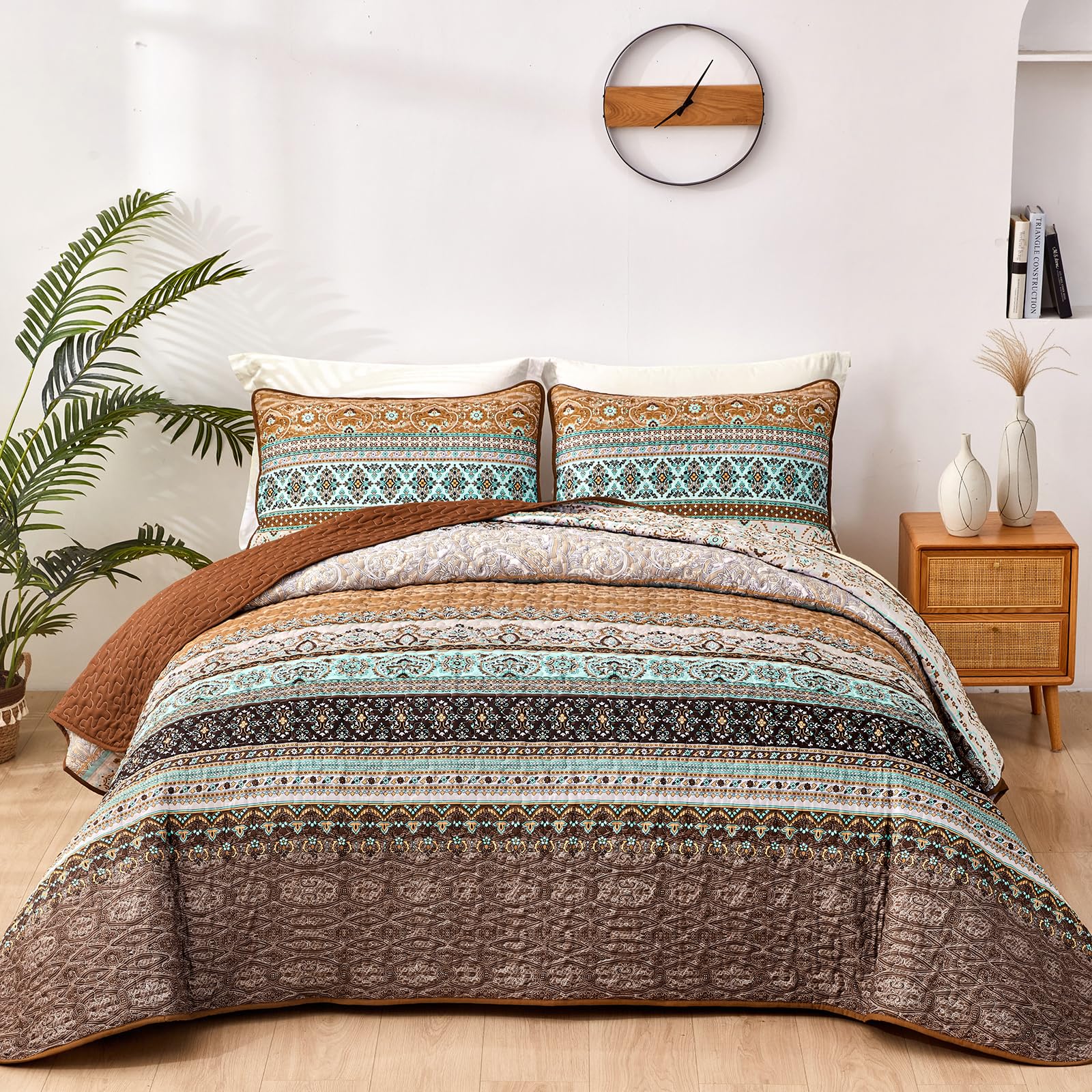 WONGS BEDDING Boho Fall Quilt Set Twin, Brown Bohemian Quilt Bedding Set, Ultra Soft Lightweight Bedspread for All Season Reversible Microfiber Coverlet Bedding Set 68"x86"(3 Pieces)