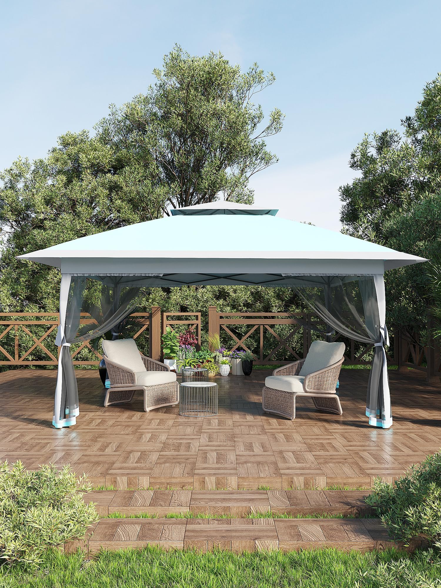 4m x 4m Pop Up Gazebo, Heavy Duty Waterproof Garden Tent with 4 Mesh Sides & Metal Frame, Instant Marquee Canopy Shelter for Patio, Parties, Weddings & Outdoor Events - Light Blue
