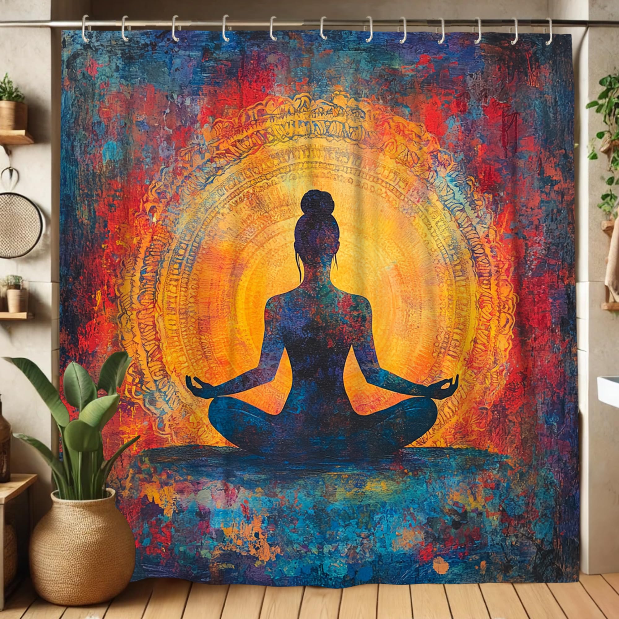 Meditative Shower Curtain, Colorful Buddha Meditation Art Shower Curtain for Bathroom Decor, Spring Summer Bohemian Waterproof Fabric Shower Curtain Set with Hooks 72x78 Inch