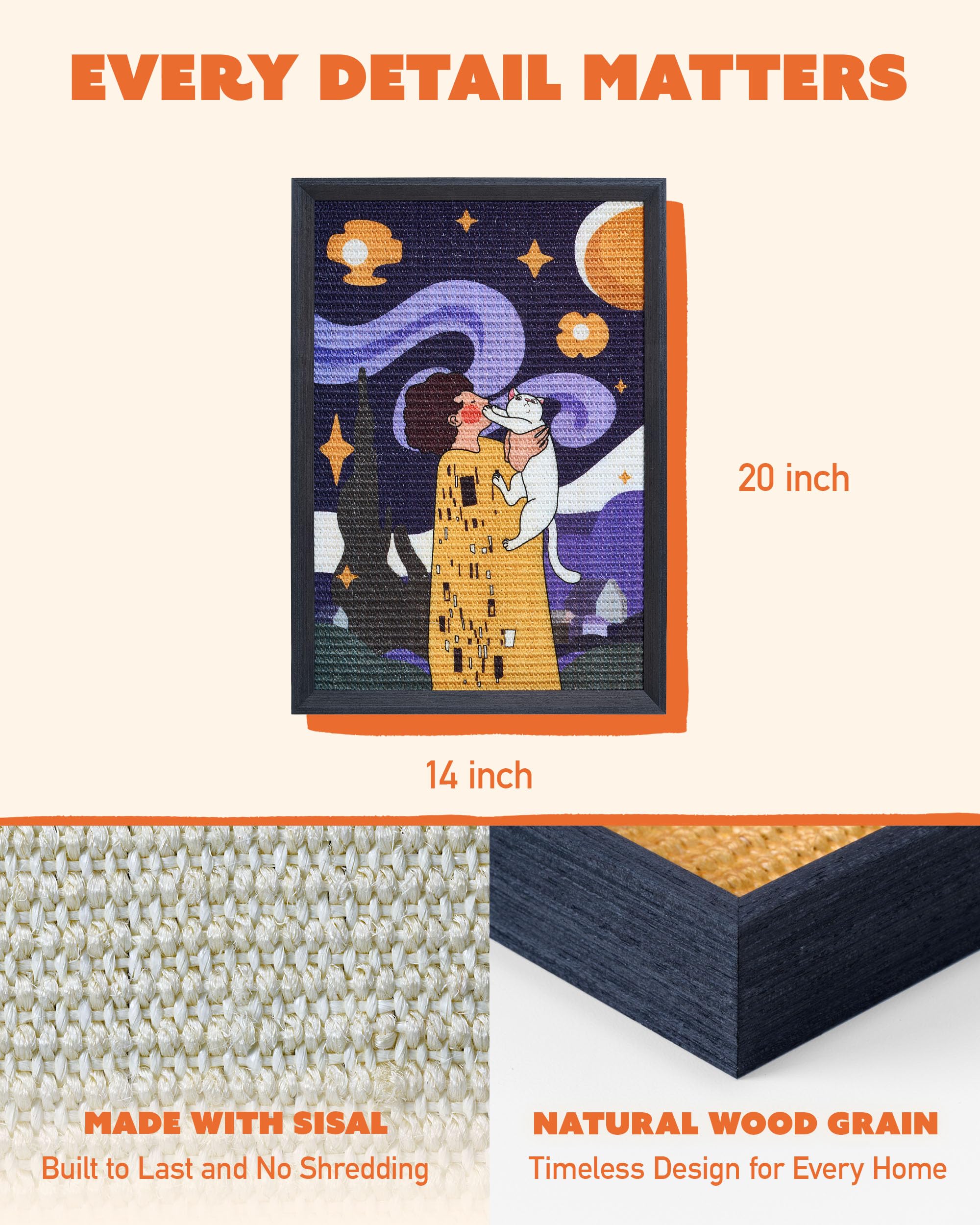 Tiragraffi decorativo da parete per gatti, 35,5 x 50,8 cm, in sisal con elegante cornice in legno, facile installazione senza fori, regalo unico e funzionale per gatti (non il bacio)