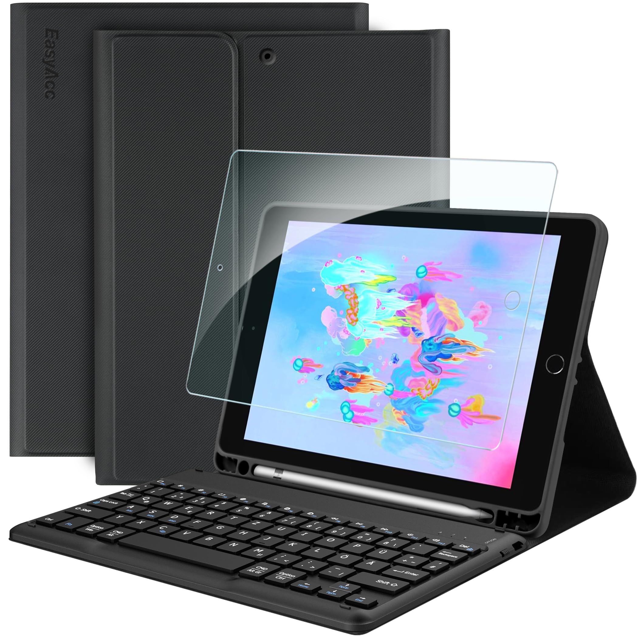 EasyAcc Funda con Teclado Compatible con iPad de 6ª generación 2018/5ª generación 2017, iPad Air 2 y 1, inalámbrico Bluetooth QWERTZ alemán con Soporte para bolígrafo, Color Negro