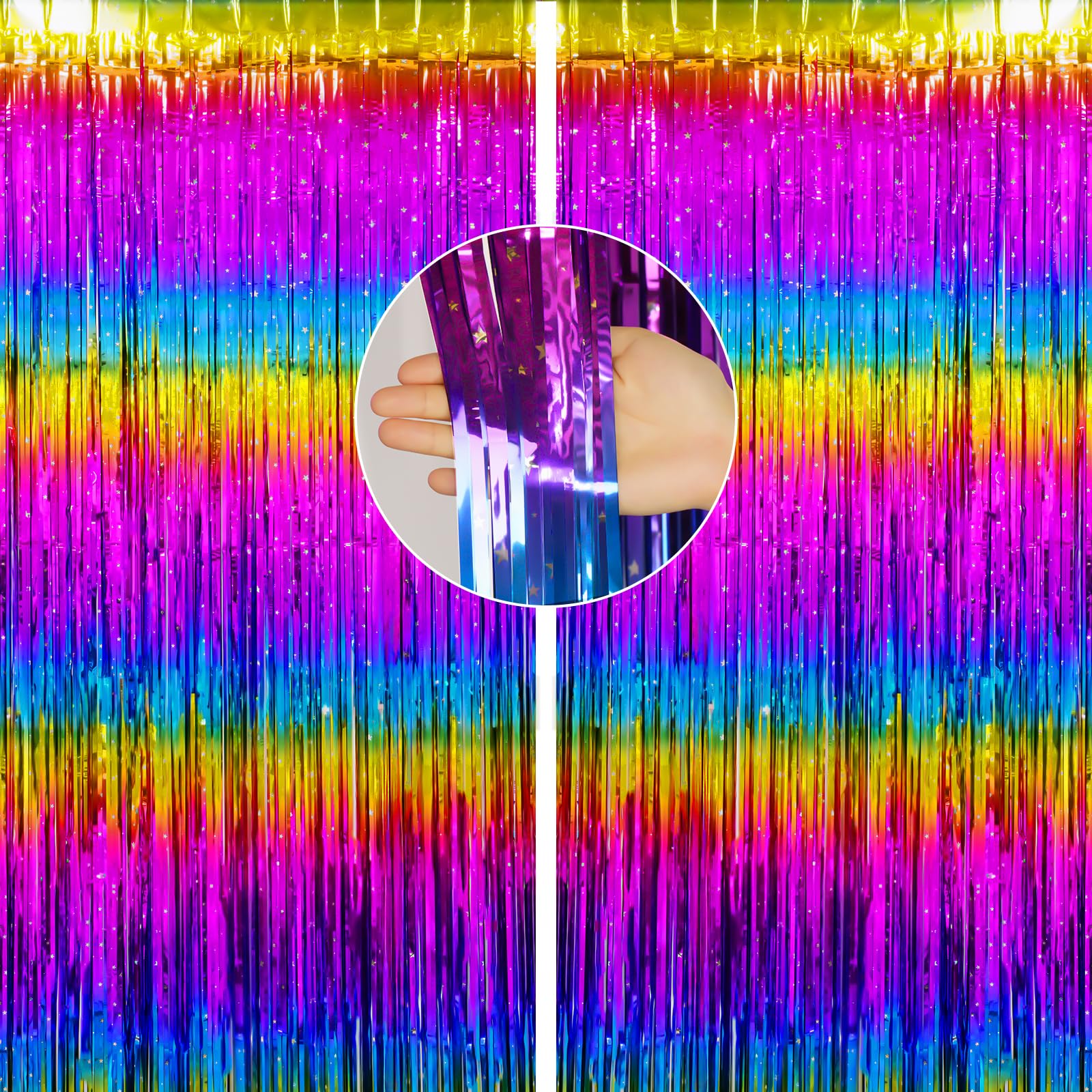jijAcraft Rainbow Metallic Tinsel Curtain: 2pcs Glitter Foil Fringe Curtains with 5M String, 1m×2m Party Streamers Backdrop for Unicorn Theme, Birthday, Music Festivals, Carnival
