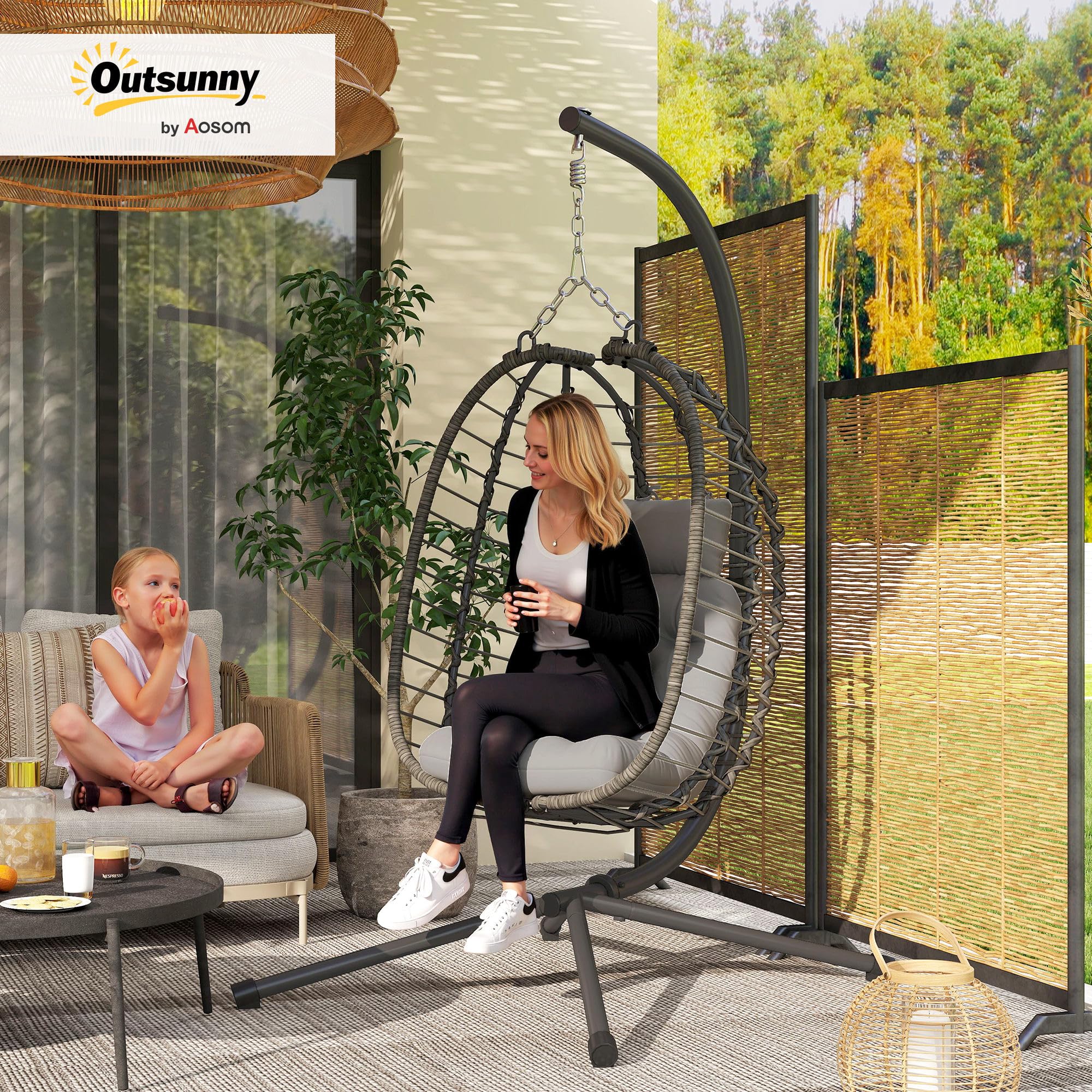 Outsunny Poltrona Sospesa a Uovo in Rattan, da Giardino Grigio Chiaro | con Gancio, Cuscini Imbottito e Poggiatesta, Sedia a Dondolo Pieghevole, Base a X in Acciaio, per Interni ed Esterni
