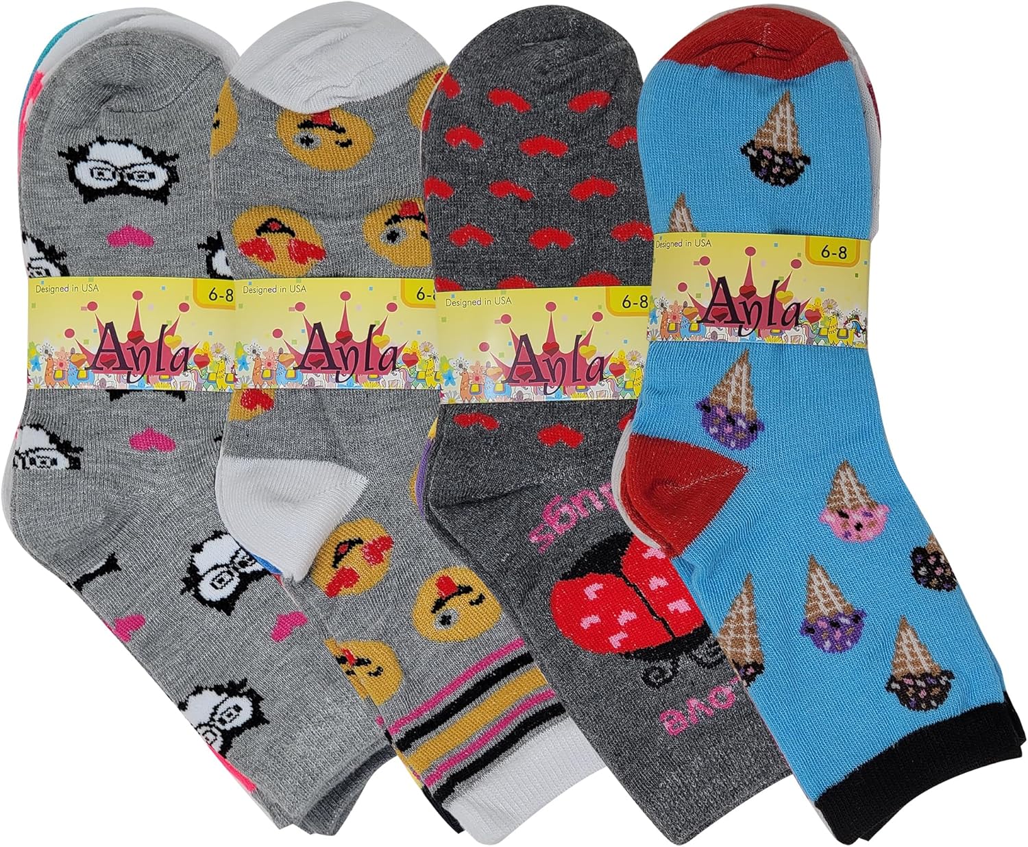 Different Touch 12 Pairs Pack Kids Girls Colorful Creative Fun Novelty Design Crew Socks - Image 4