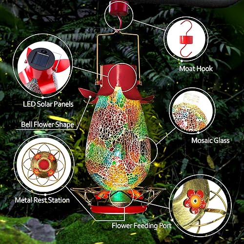 Miniatura 2 de Comedero solar LED para colibríes para exteriores, mosaico de vidrio multicolor, botella de néctar de colibrí colgante con 4 estaciones de