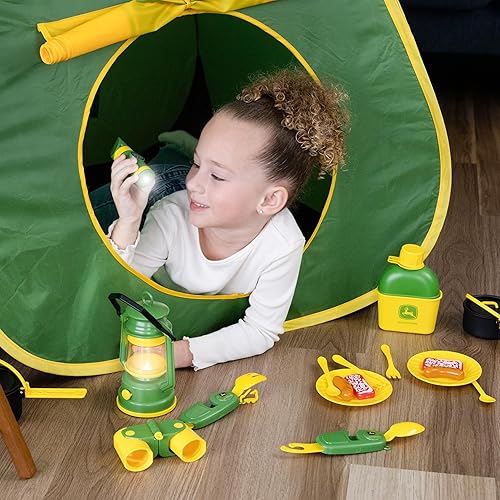 Miniatura 4 de John Deere Tienda de campaña emergente, juego de 18 piezas que incluye cantina, platos, utensilios, comida de juego, ollas, binoculares, linterna y