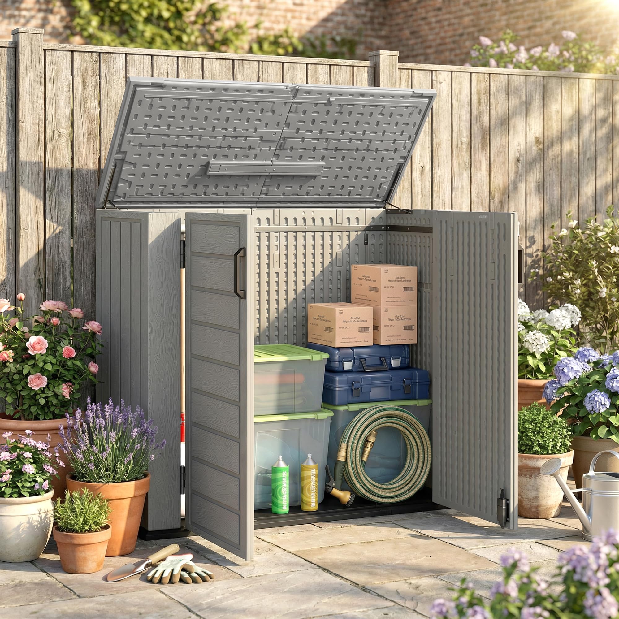 Outsunny Armario de Exterior de HDPE 940L 142x67x119 cm Gris Claro | Caseta de Jardín Exterior, Tapa Abatible, 2 Puertas, Cerradura, Cobertizo para Herramientas