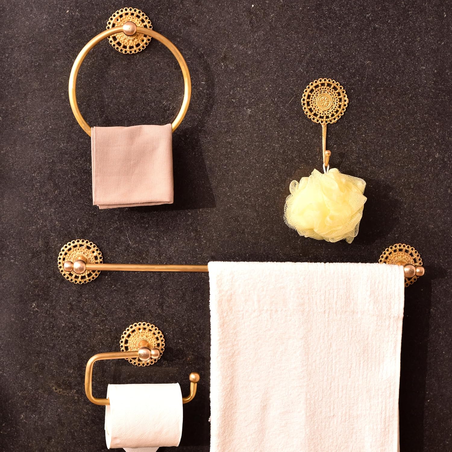 Indian Shelf 2 Pieces Premium Boho Brass Towel Ring - Antique Gold Towel Ring- Key Hooks Holder- Coat Rack Wall Mount- Gold Wall Hooks- Vintage Wall Hooks- Brass Towel Hanger - Bathroom Accessories