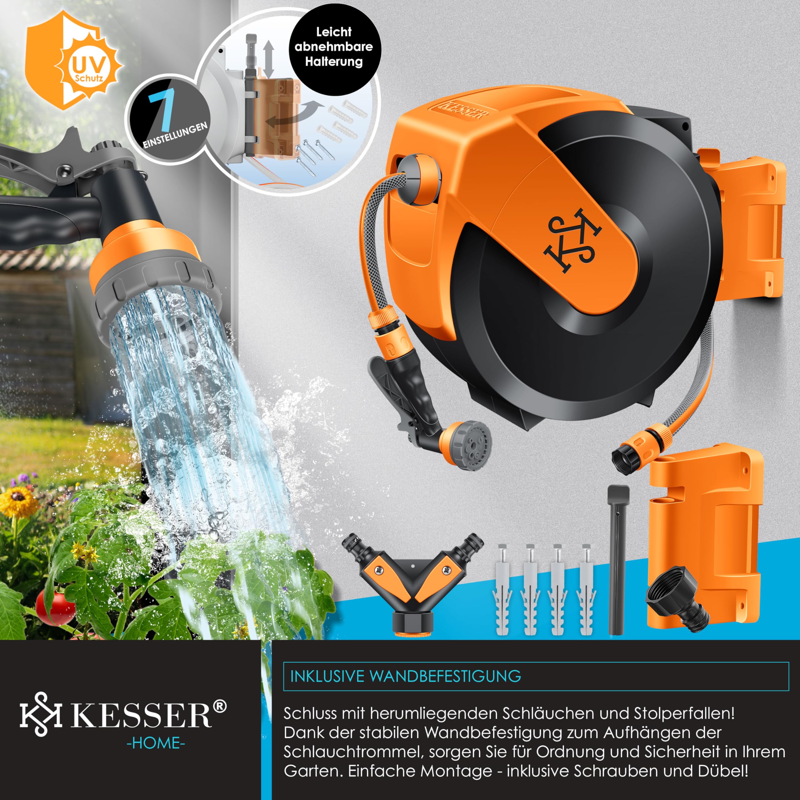 KESSER® Schlauchtrommel mit Gartenschlauch 35m | Wasserschlauchtrommel zur Wandmontage | Wandhalterung | 180° schwenkbar & automatische Aufrollung | Wand-Schlauchbox inkl. 7-Funktionen Handbrause