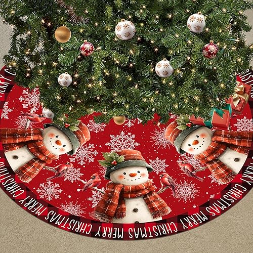 Merry Christmas Tree Skirt 48 Inch Buffalo Plaid Snowman Cardinal Snowflakes Farmhouse Winter Holiday Xmas Tree Mat Indoor Decoration (Red)