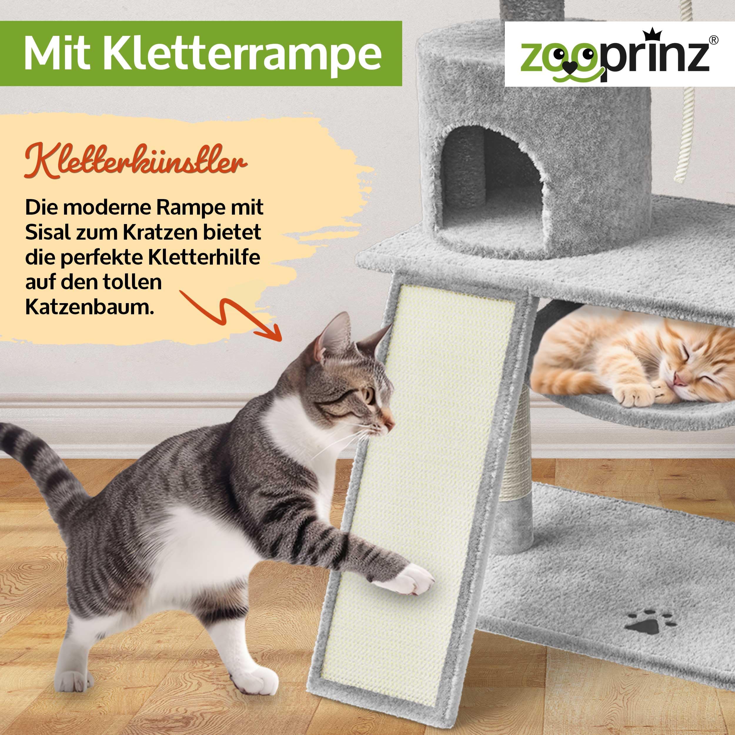 zooprinz XXL Kratzbaum extra breit – Katzenbaum, Hellgrau | Premium Kletterturm mit dicken Sisal-Säulen, Höhle, Hängematte, Spielbällen & Seil für kleine und große Katzen