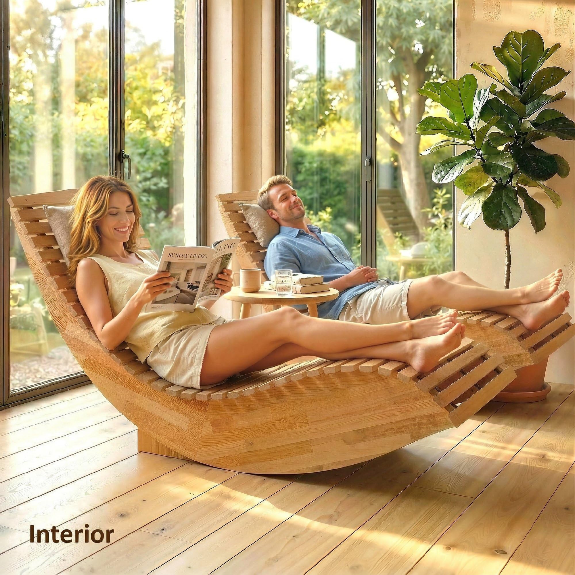 Outsunny Pack de 2 Sillas Mecedoras de Jardín de Madera, Mecedoras para Exterior Ergonómica Plegables con Diseño Listonado, para Balcón, Terraza, Patio, Carga 120 kg, 60x156x77 cm, Natural