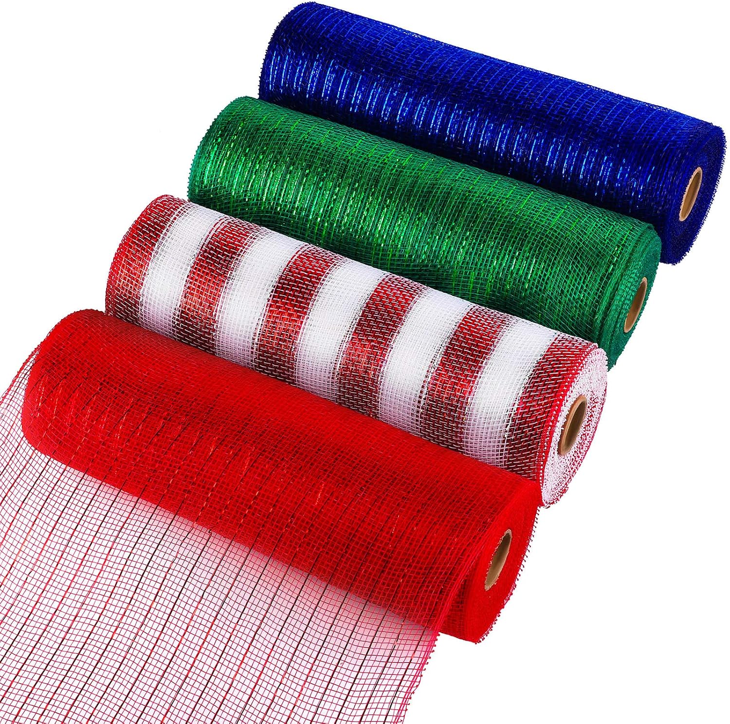 Aneco 4 Rolls Christmas Decor Poly Mesh Ribbon 10 Inches x 30 Feet Metallic Foil Rolls 4 Colors Wine Red, Blue, Green, Red and White Stripes for Christmas Wreaths, Home Decoration, DIY Craft