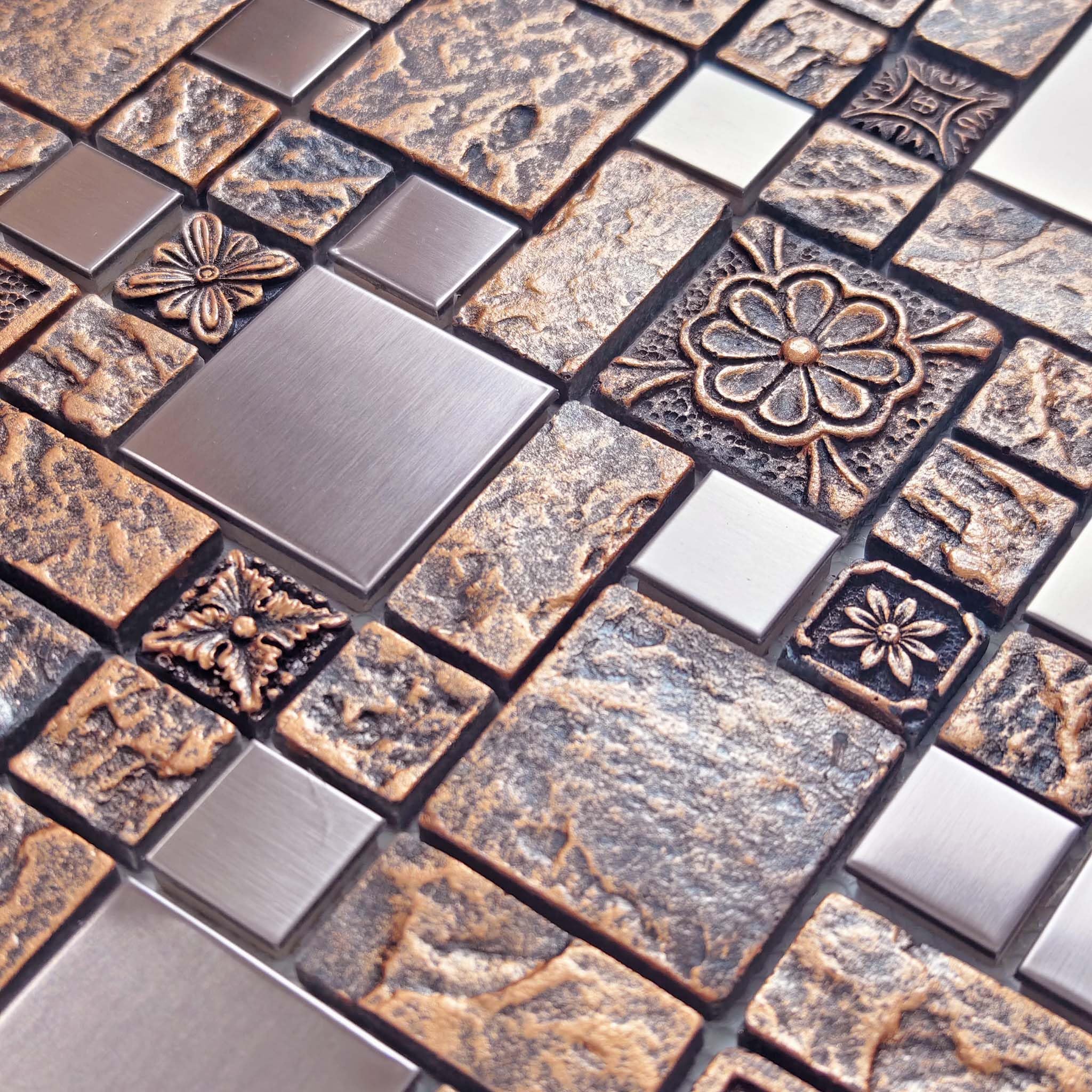 Hominter Bronze & Brushed Metal Mosaic Tile Copper Textured Resin Decorative Wall Backsplash for Kitchen Backsplash, Bathroom Wall, Fireplace Surrounds (5 Square Feet)