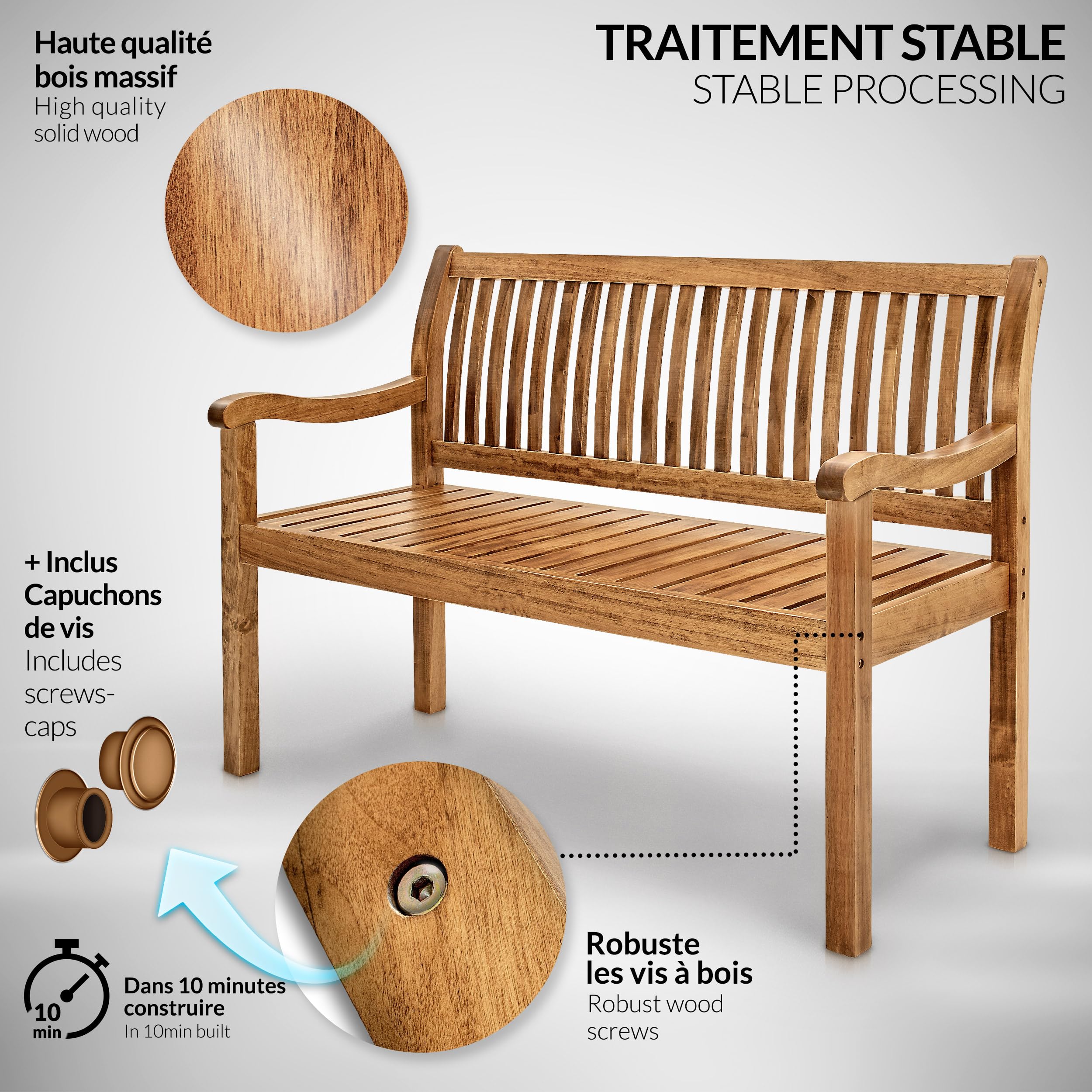 tillvex Banc de Jardin 150 cm en Bois avec Couverture | Solide Banquette d'Extérieur 3-4 Places | Jusqu'à 320 kg de Charge | Meuble de Terrasse, Parc, Patio, Balcon